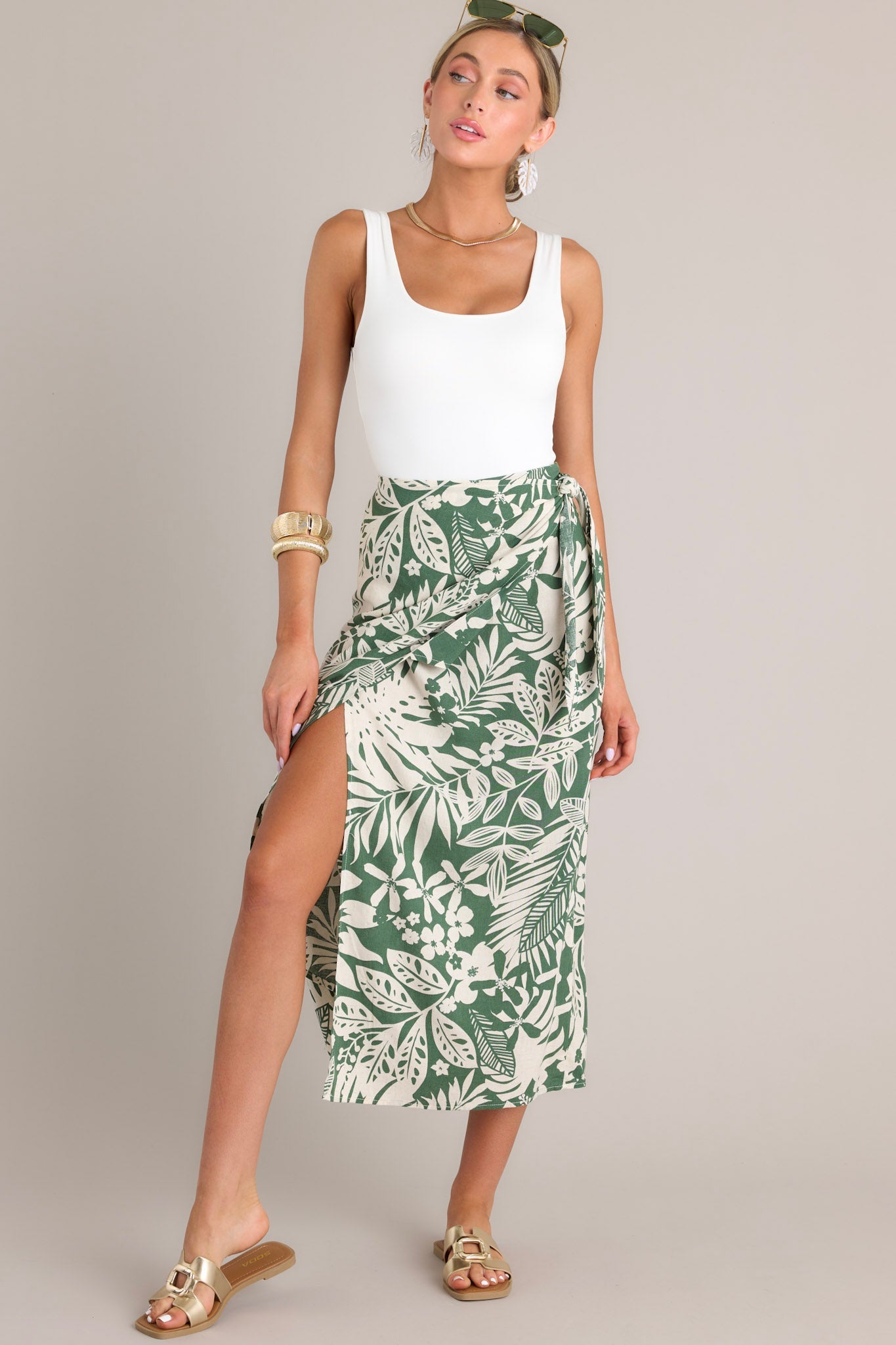 Jungle Canopy Green Tropical Print Midi Wrap Skirt - Red Dress