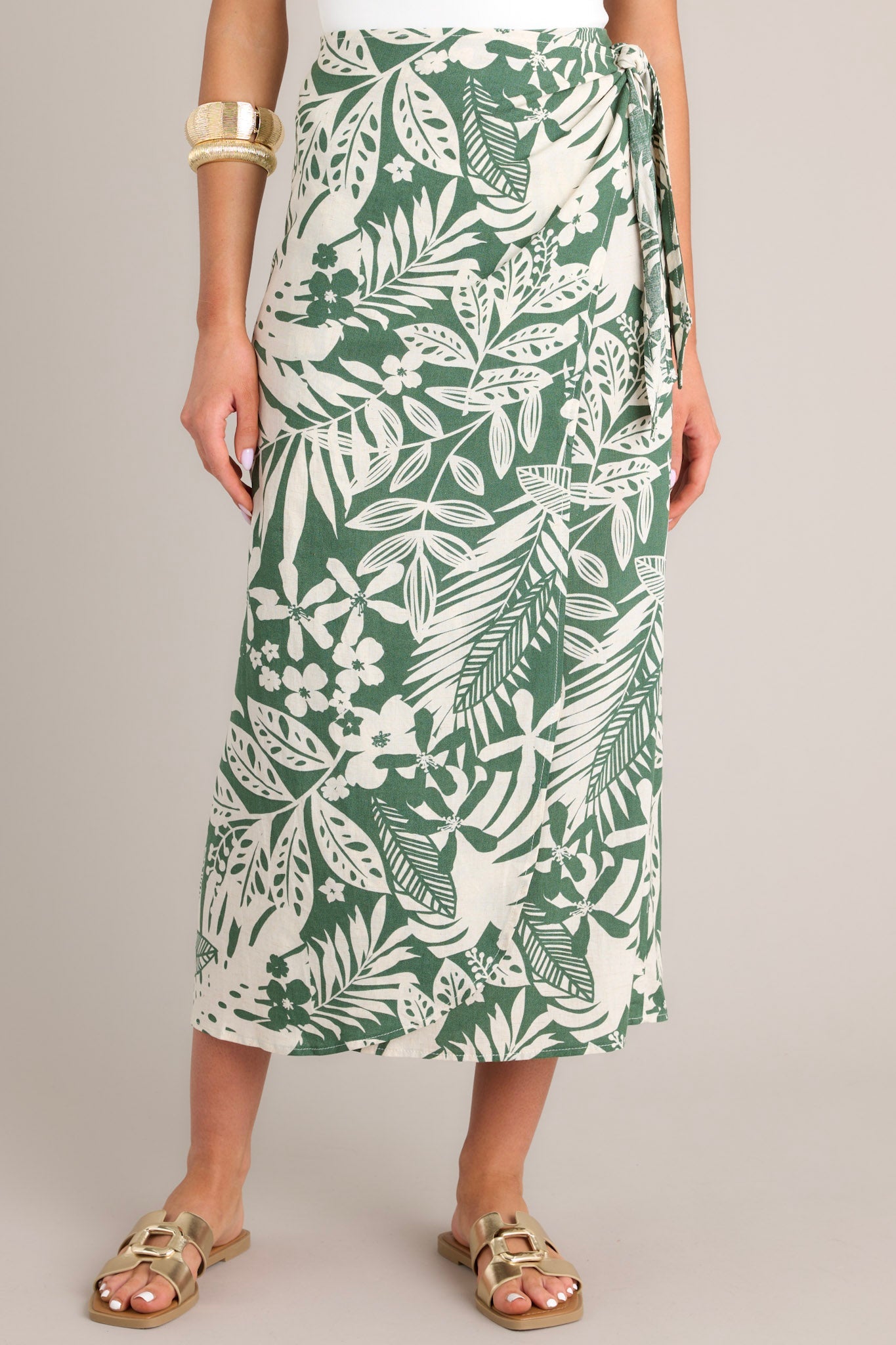 Jungle Canopy Green Tropical Print Midi Wrap Skirt - Red Dress