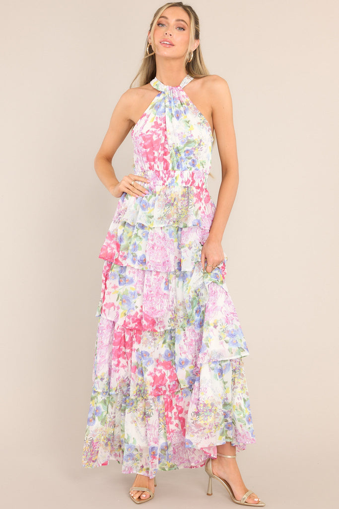 Flowy Floral Tie Front Halter Maxi Dress main image 1