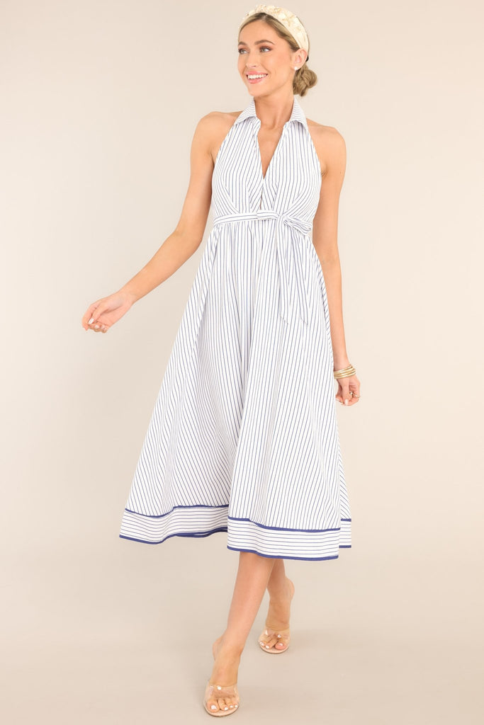 Blue & White Stripe Halter Midi Dress