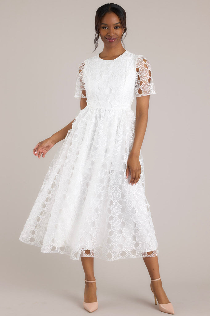 White Floral Embroidered Midi Dress
