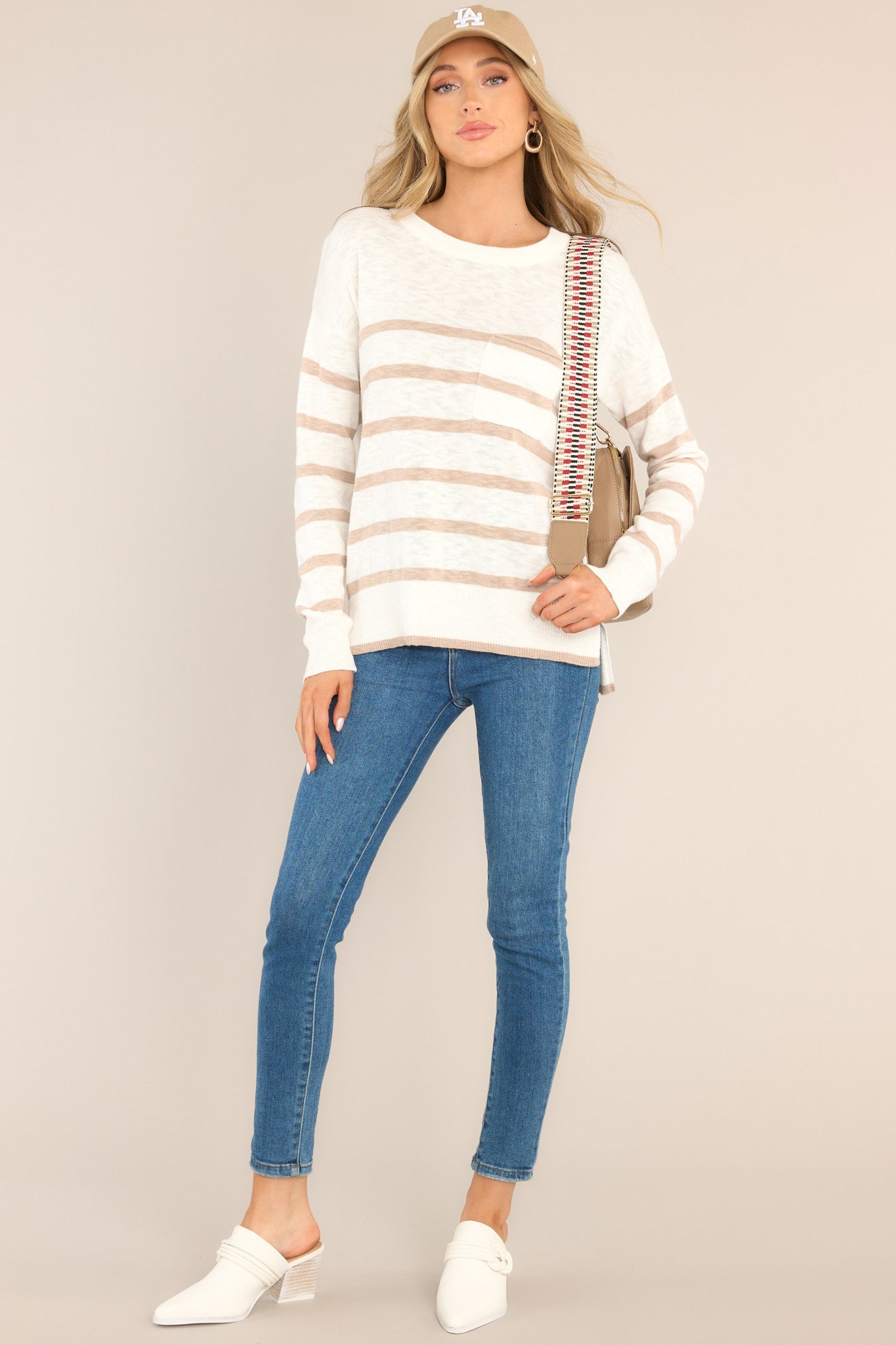 Like New White & Beige Striped Top - Red Dress