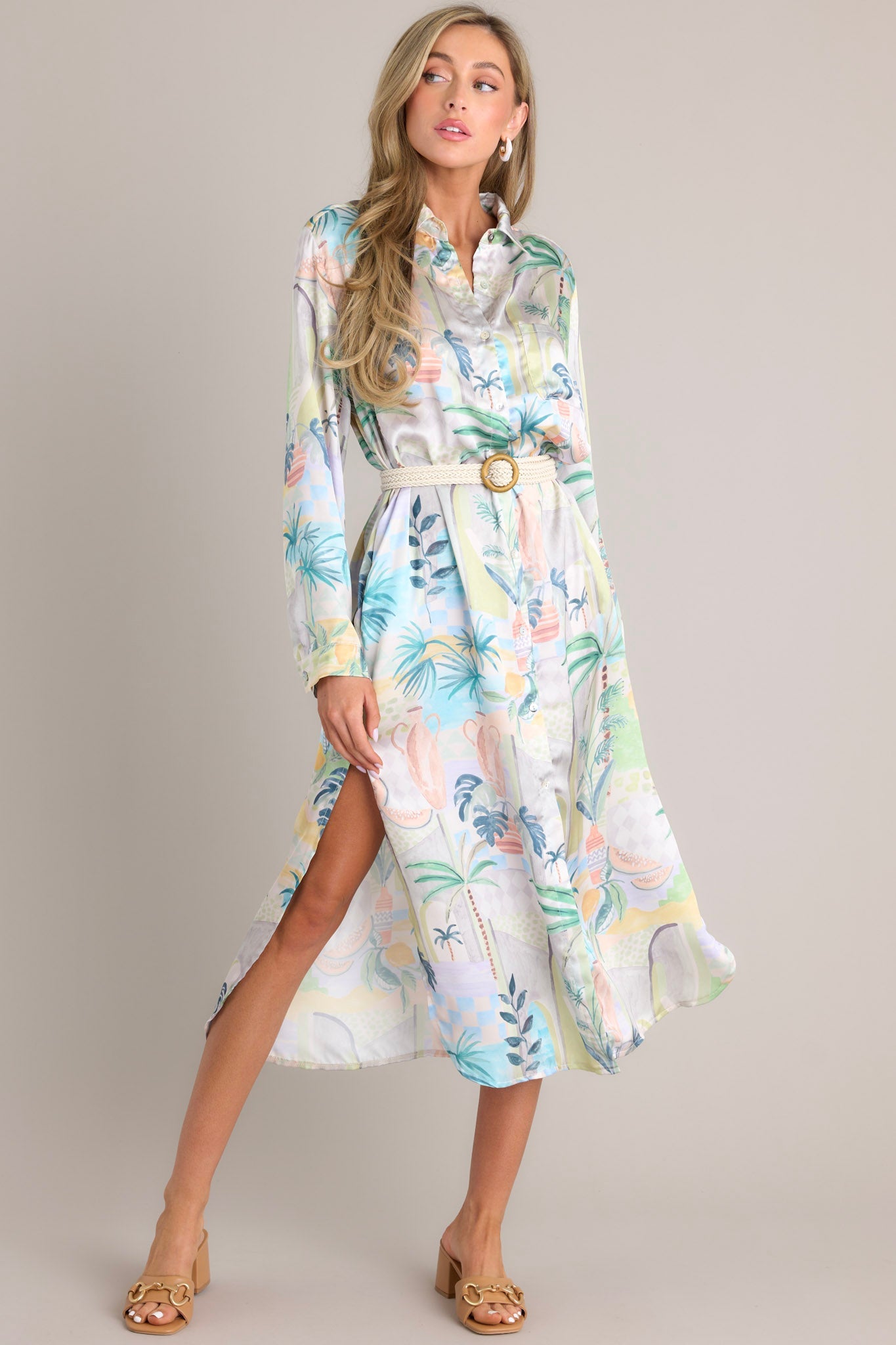Ivory Tropical Print Button Front Midi Dress - All Dresses | Red Dress Ivory Tropical Print Button Front Midi Dress - All Dresses | Red Dress