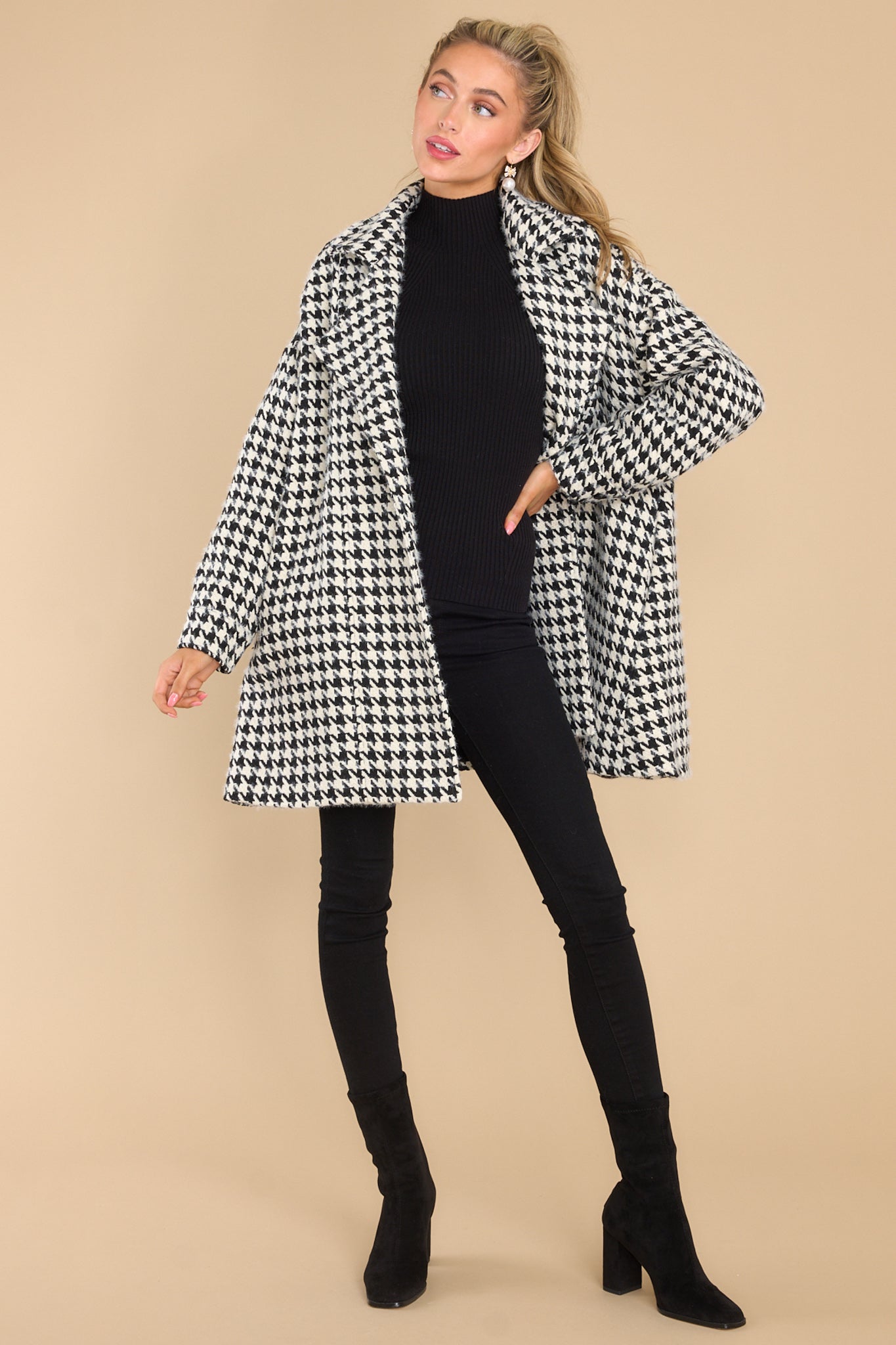 Making It Easy Black & White Houndstooth Coat - Red Dress