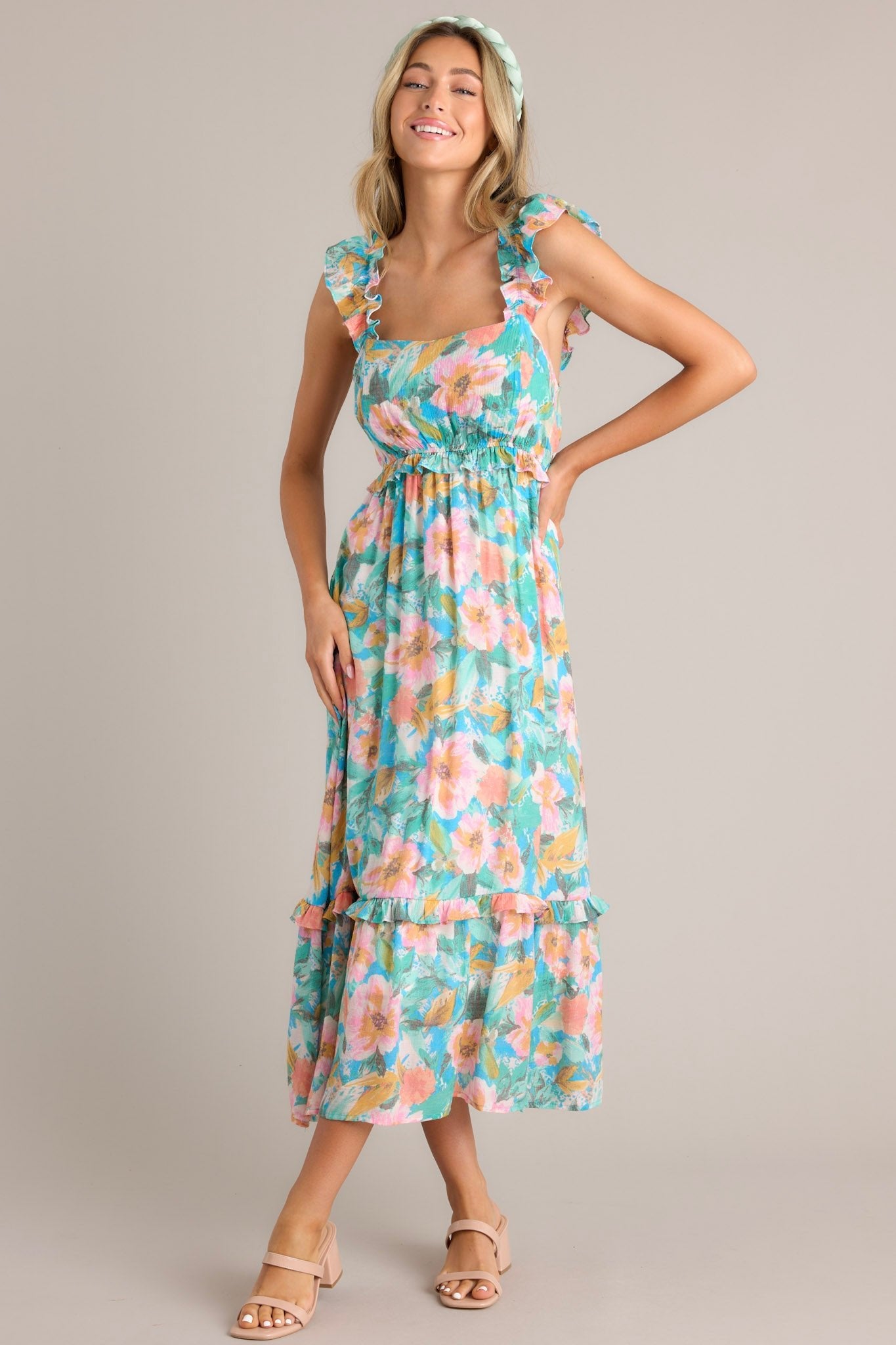 Meadow Magic Aqua Floral Print Midi Dress Meadow Magic Aqua Floral Print Midi Dress