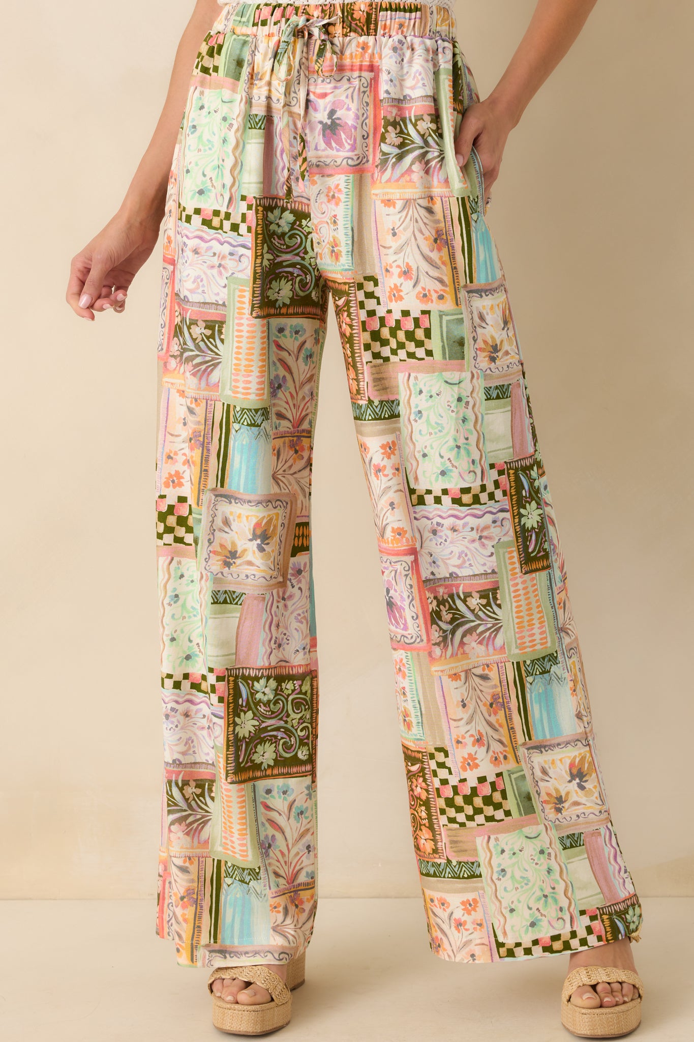 Cropped front view showing the side pocket placement and the vibrant print across the hip and thigh.
