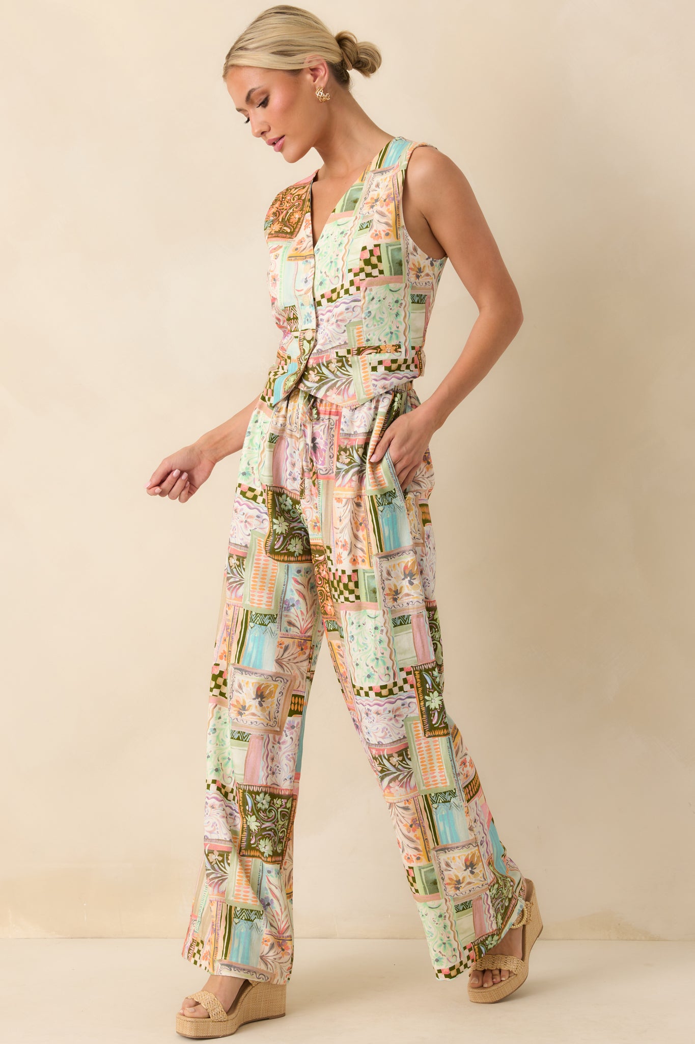 Women's Let The Day Unfold Light Green Multi Patchwork Linen Blend Pants | Size: S | Red Dress Women's Let The Day Unfold Light Green Multi Patchwork Linen Blend Pants | Size: S | Red Dress