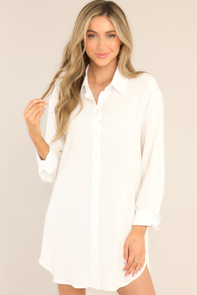 My Everything White Button Front Shirt Dress - Red Dress