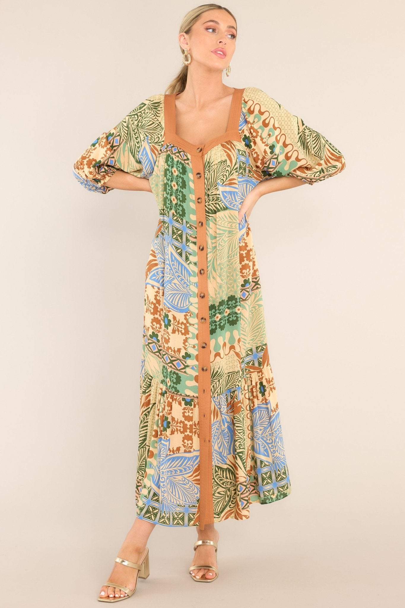 My Work Of Art Beige Button Front Maxi Dress - Red Dress