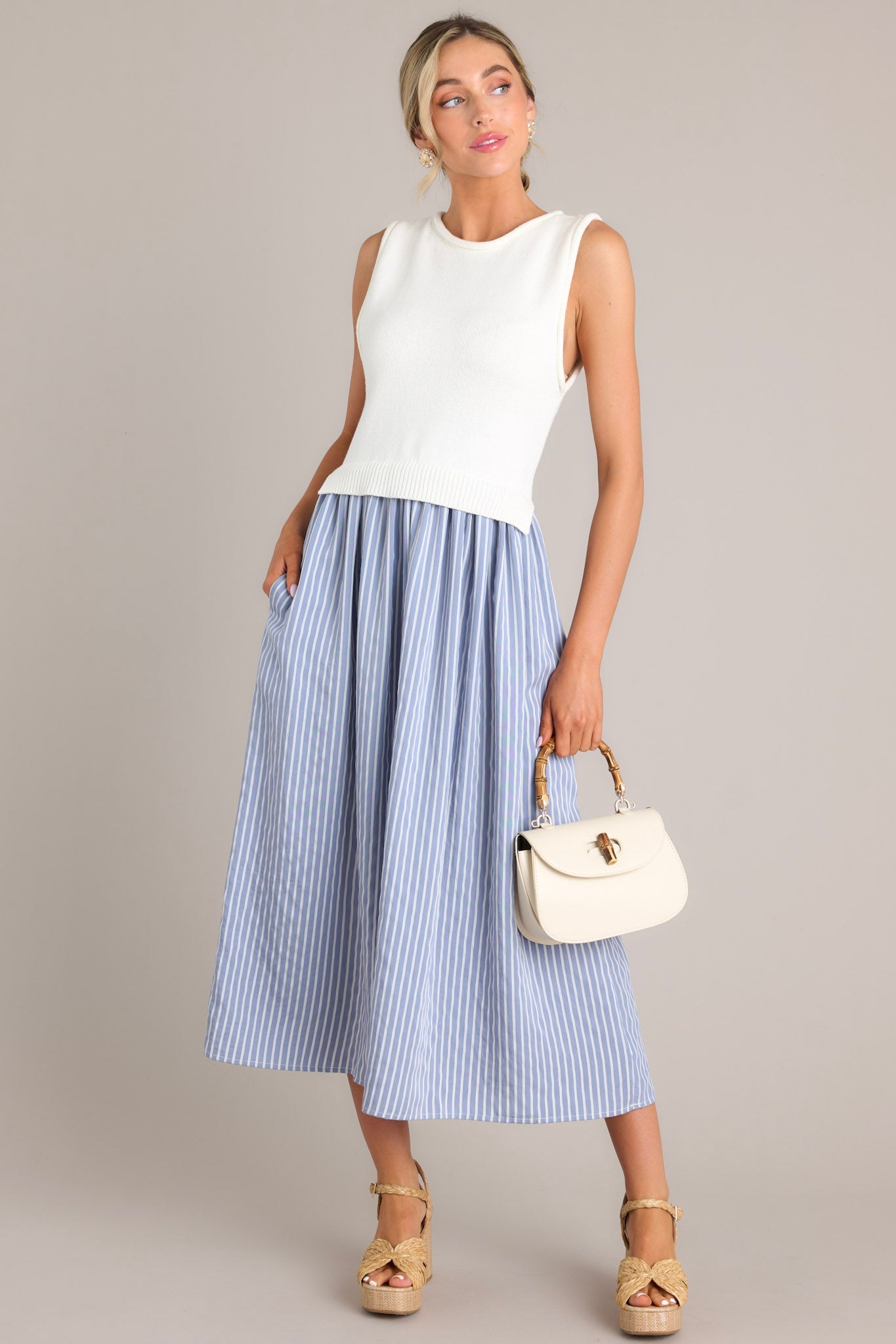 Blue Stripe Sweater Midi Dress - All Dresses | Red Dress Blue Stripe Sweater Midi Dress - All Dresses | Red Dress
