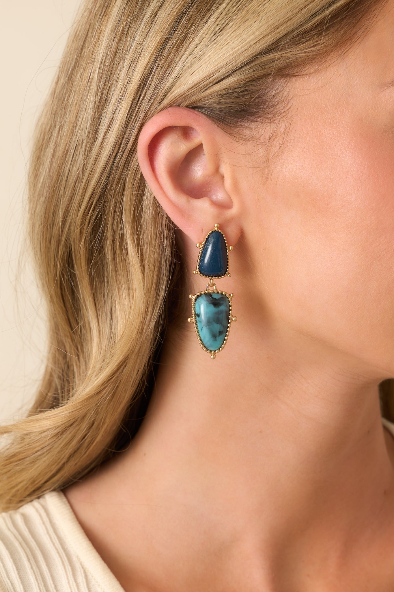 fitted lace wedding dress Just Being Dramatic Gold Turquoise Stone Drop Earrings