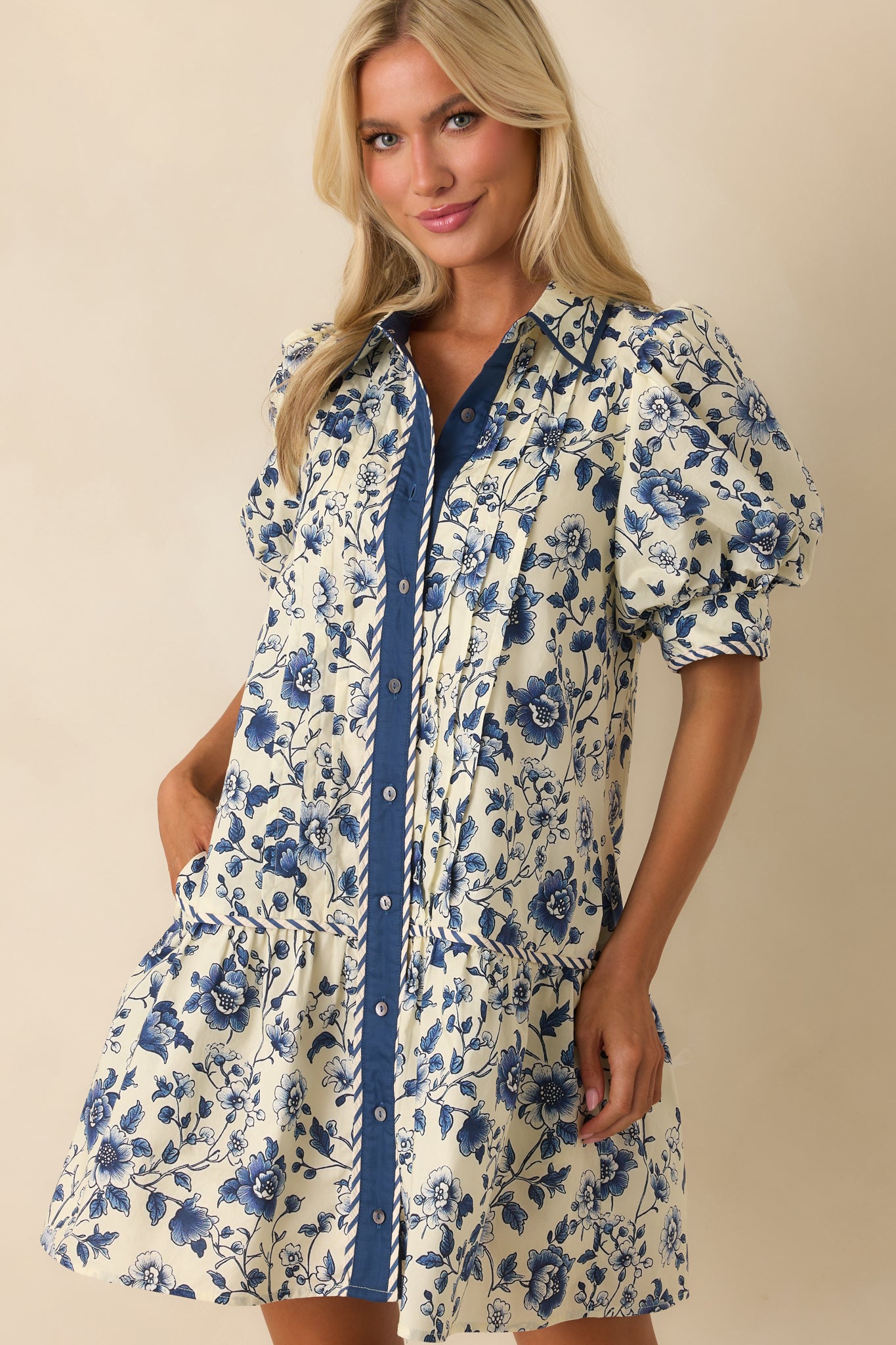navy blue and white floral dress Navy Floral Print Cotton Puff Sleeve Dress - Mini Dresses