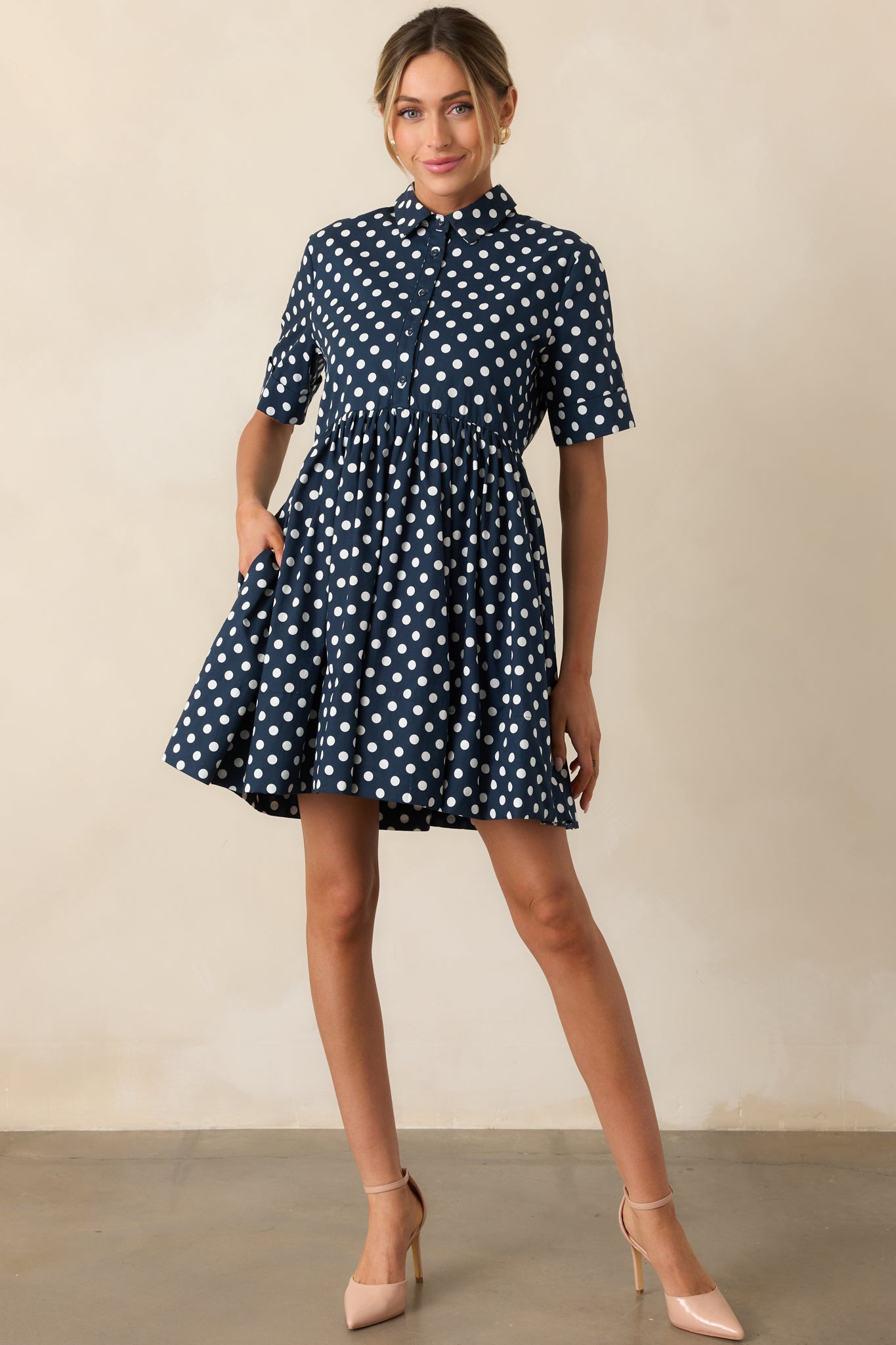 Prosperina Piper Mini Dress In Navy Polka Dot Cotton | Red Dress Prosperina Piper Mini Dress In Navy Polka Dot Cotton | Red Dress