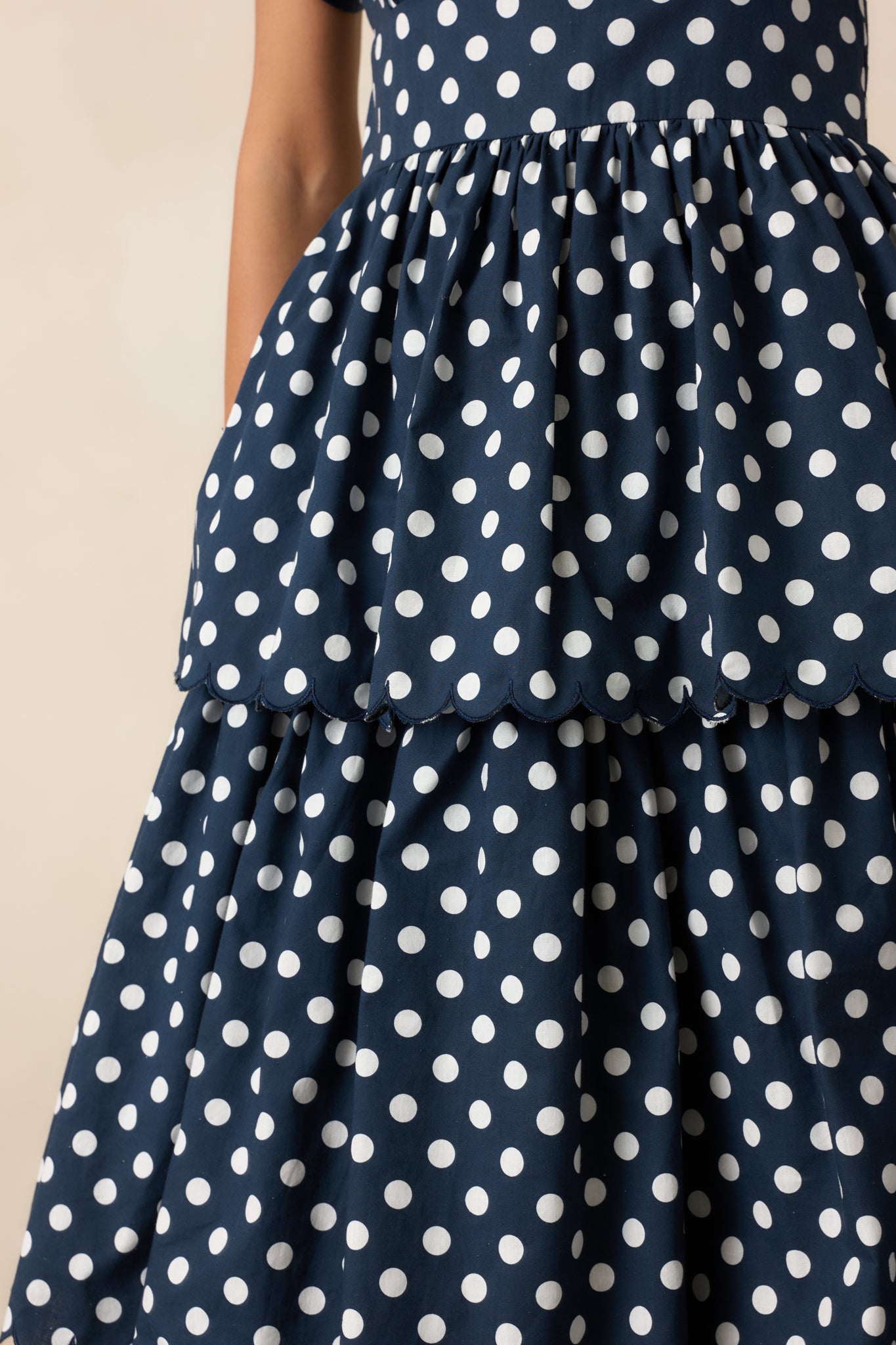 Detailed view of polka dot fabric, scalloped hem, and tiered skirt design.