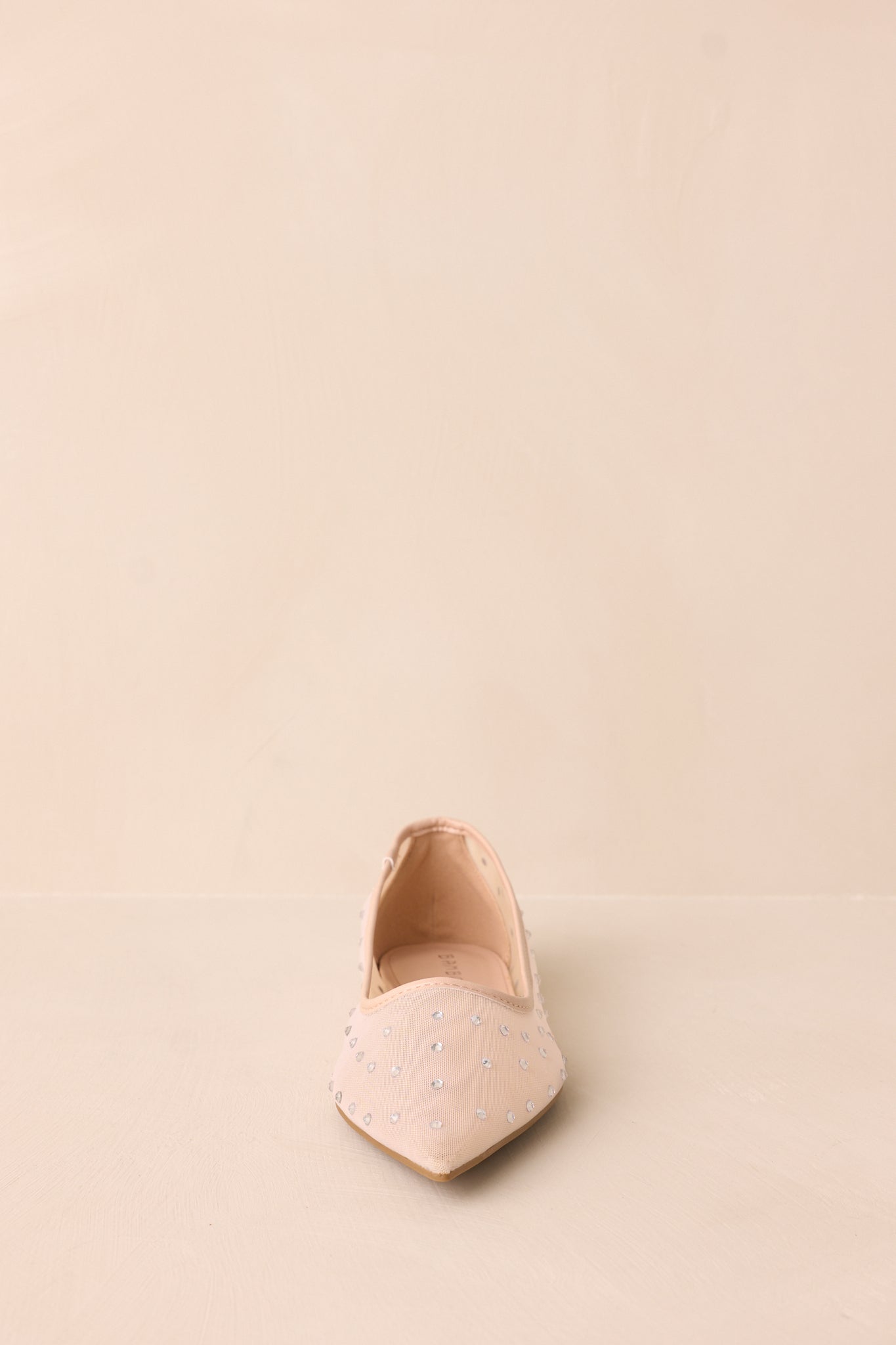 A forward-facing shot of the nude flats, showcasing the pointed toe design, delicate mesh material, and shimmering rhinestone accents along the beige trim.