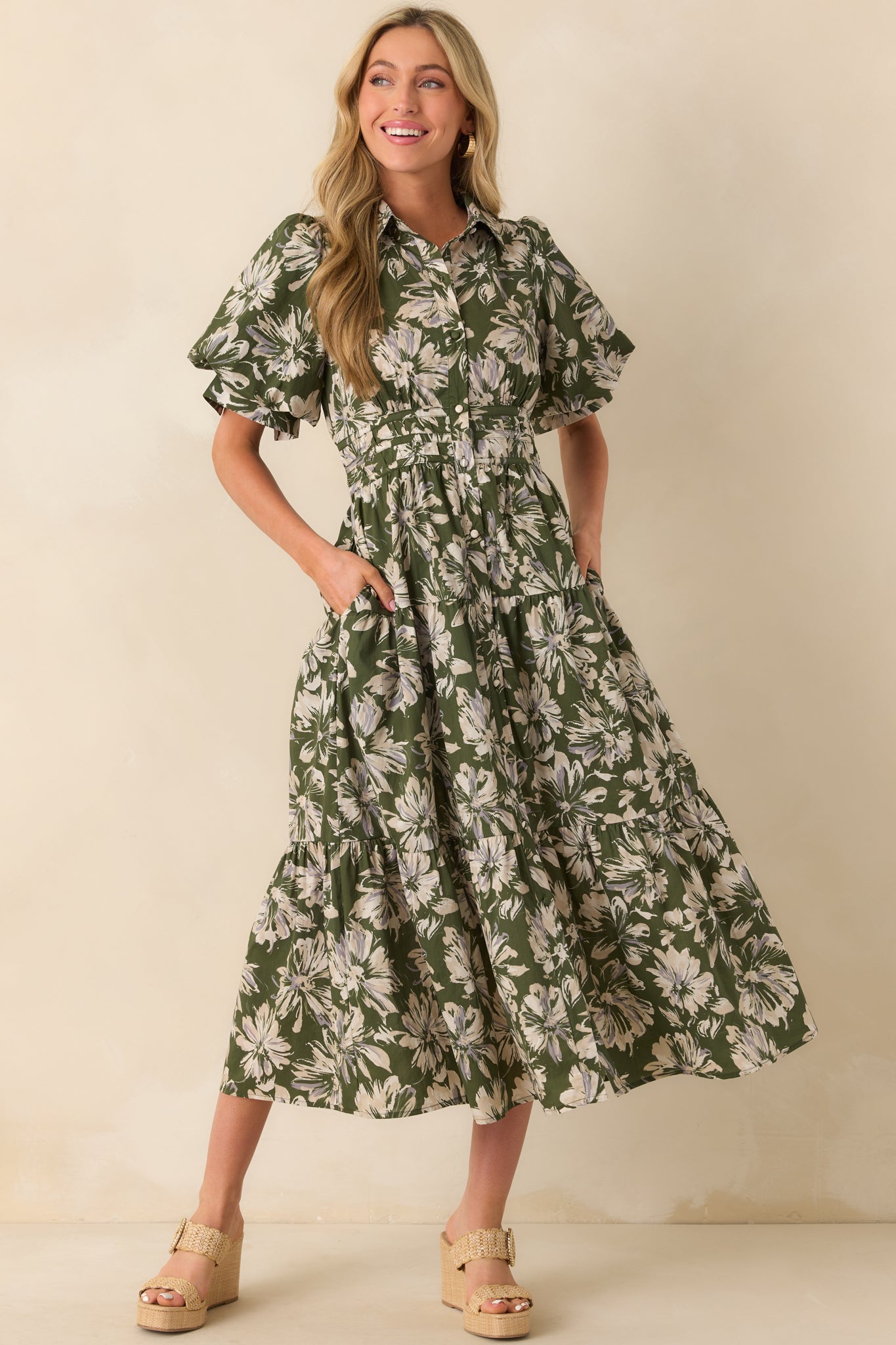 Olive Green Floral Print Maxi Dress Shirt Dresses Red Dress