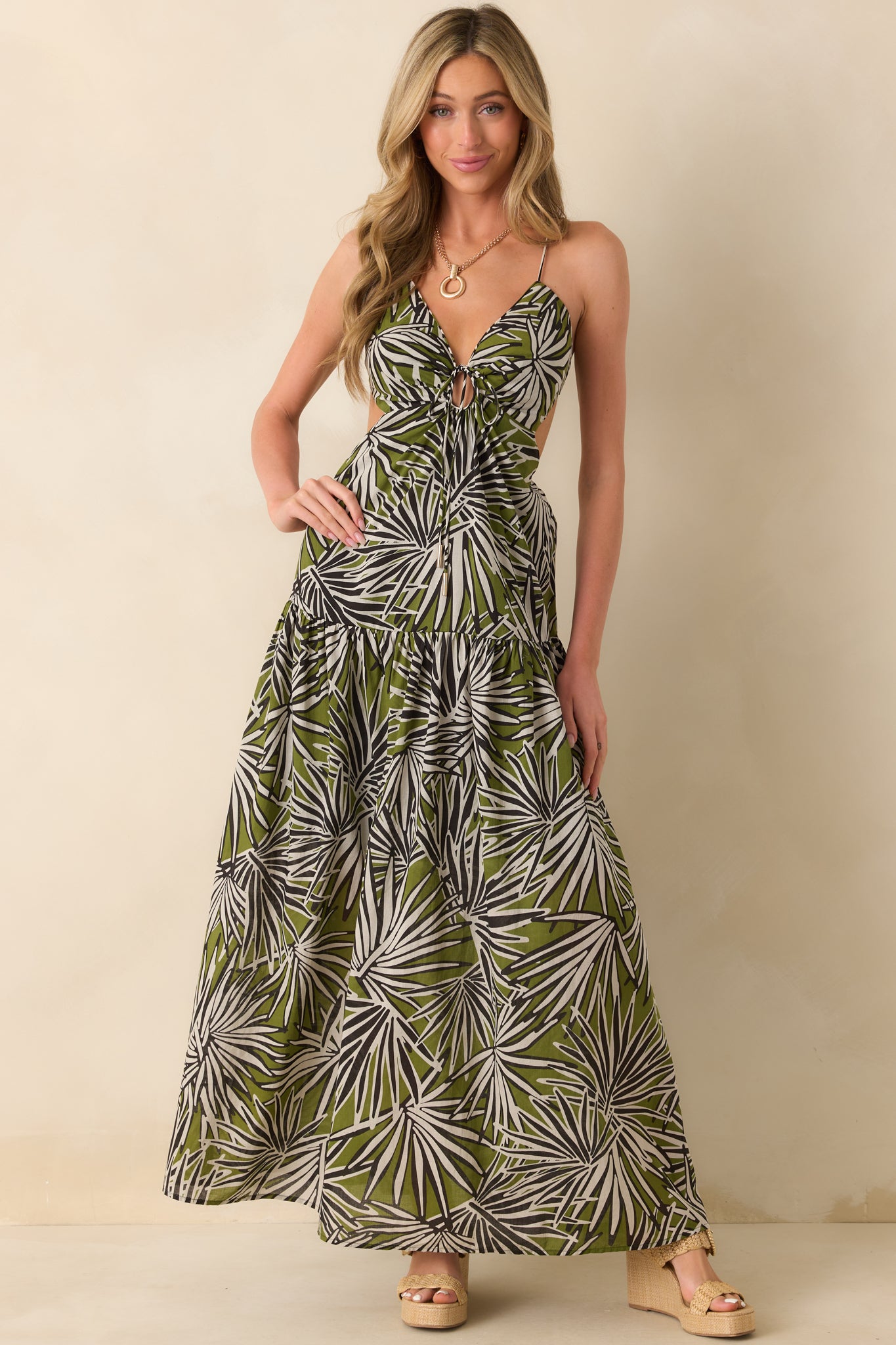 Women's Not In A Hurry Olive Green Tropical Print Cotton Cutout Maxi Dress | Size: M | Red Dress Women's Not In A Hurry Olive Green Tropical Print Cotton Cutout Maxi Dress | Size: M | Red Dress