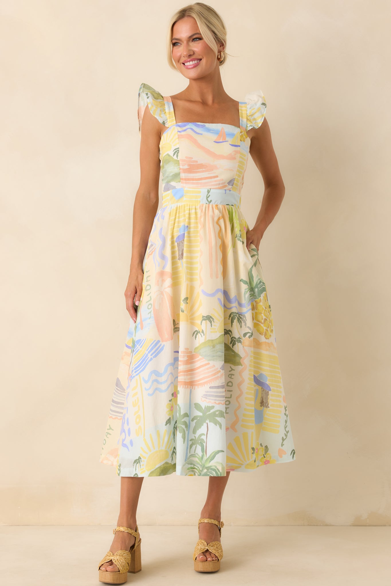 Full body of exclusive Prosperina tropical print, square neckline, flutter sleeves, and functional pockets.