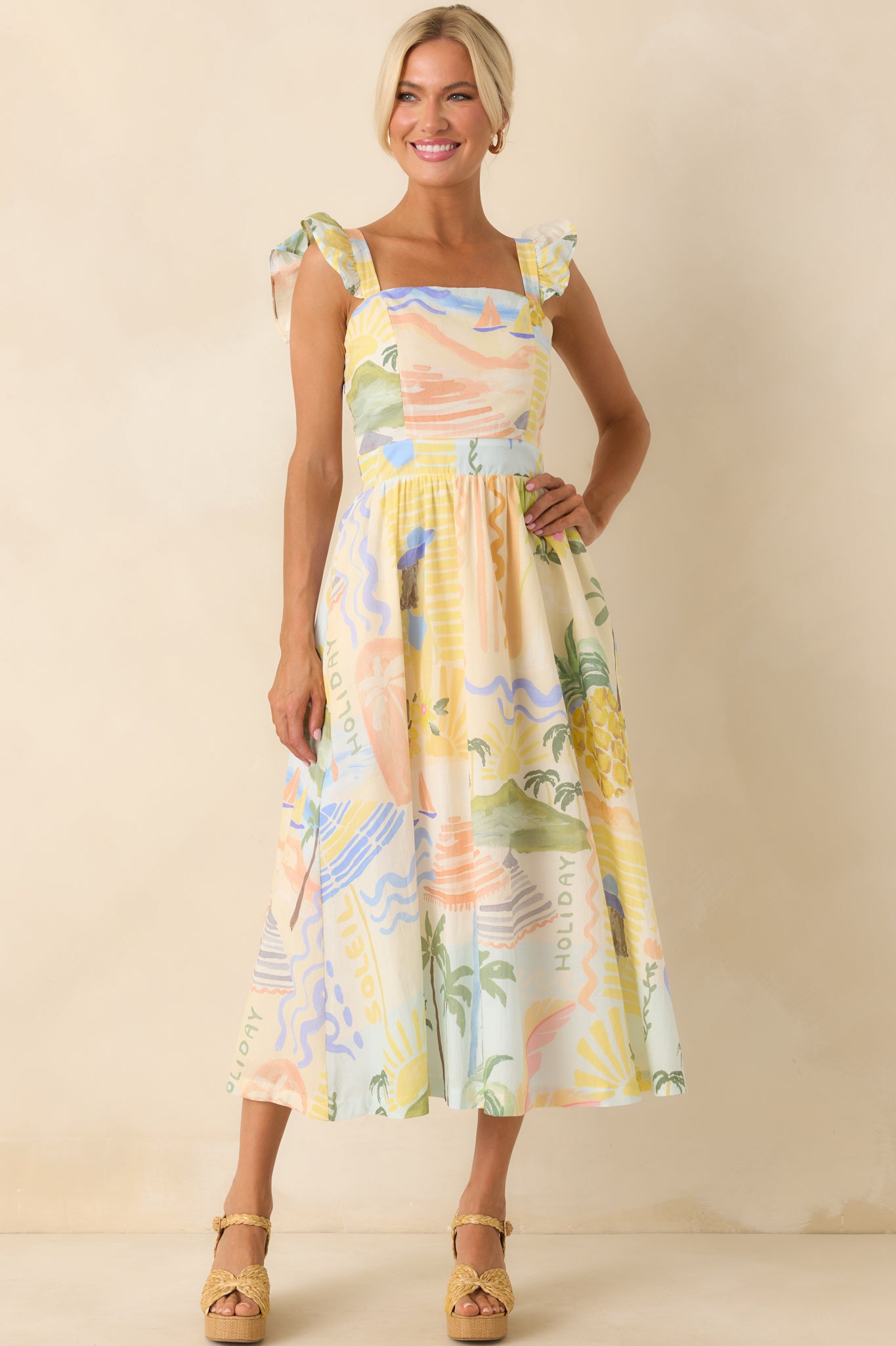 Full body of exclusive Prosperina tropical print, square neckline, flutter sleeves, and functional pockets.