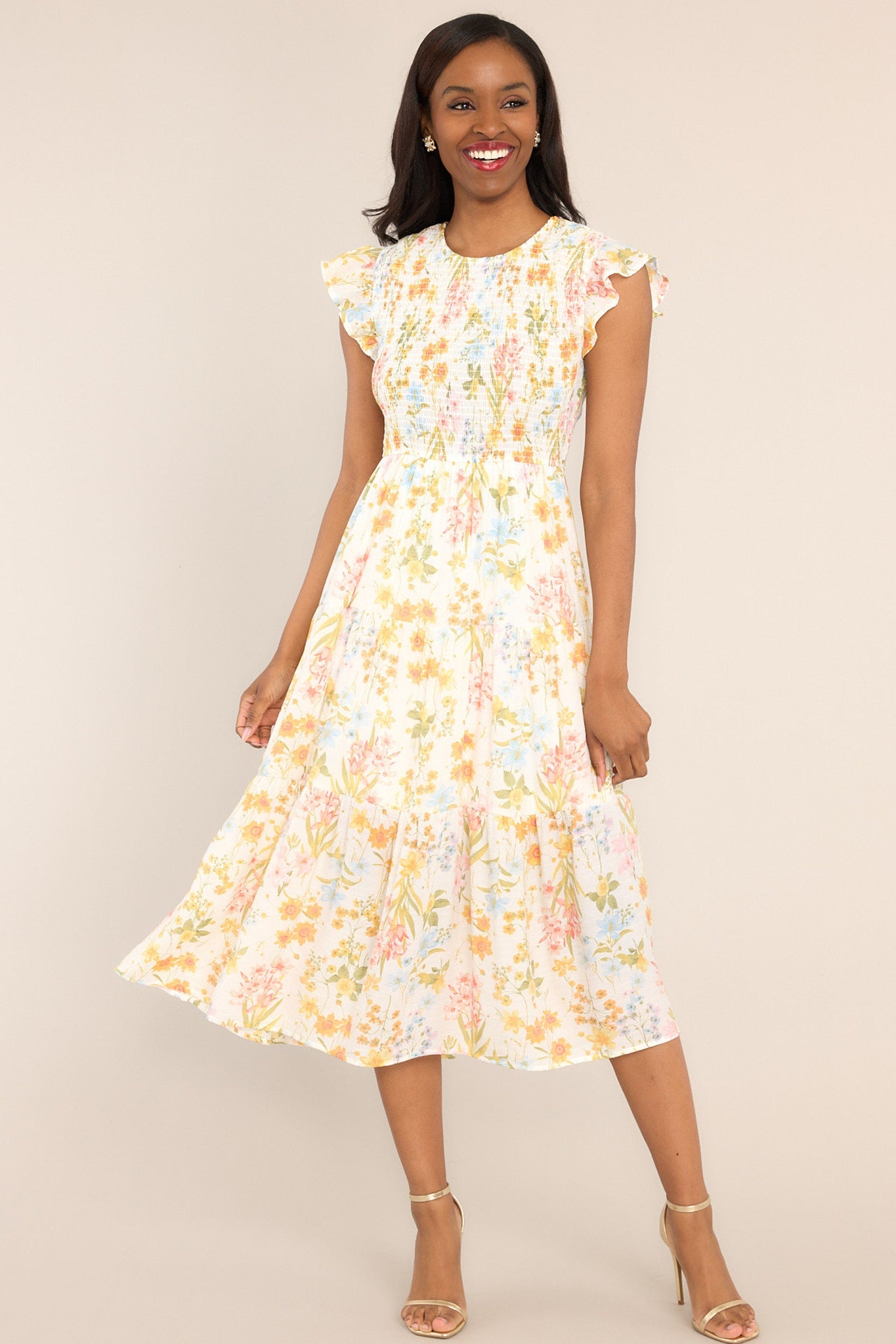 Ivory Floral Smocked Midi Dress - All Dresses | Red Dress Ivory Floral Smocked Midi Dress - All Dresses | Red Dress