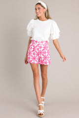 Petal Prism Pink Geometric Floral Embroidered Shorts - Red Dress
