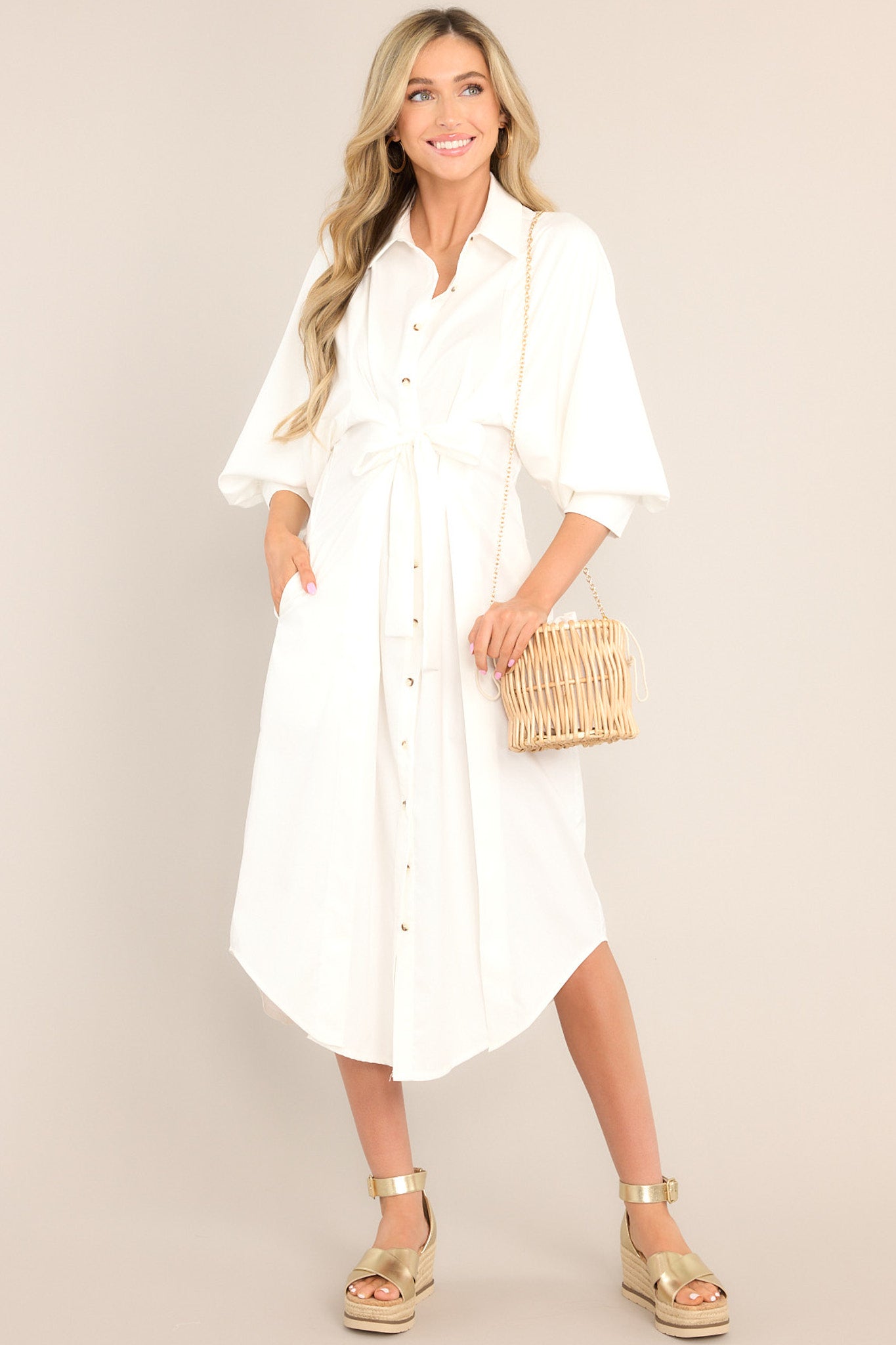 White Collared Button Front Midi Dress - All Dresses White Collared Button Front Midi Dress - All Dresses