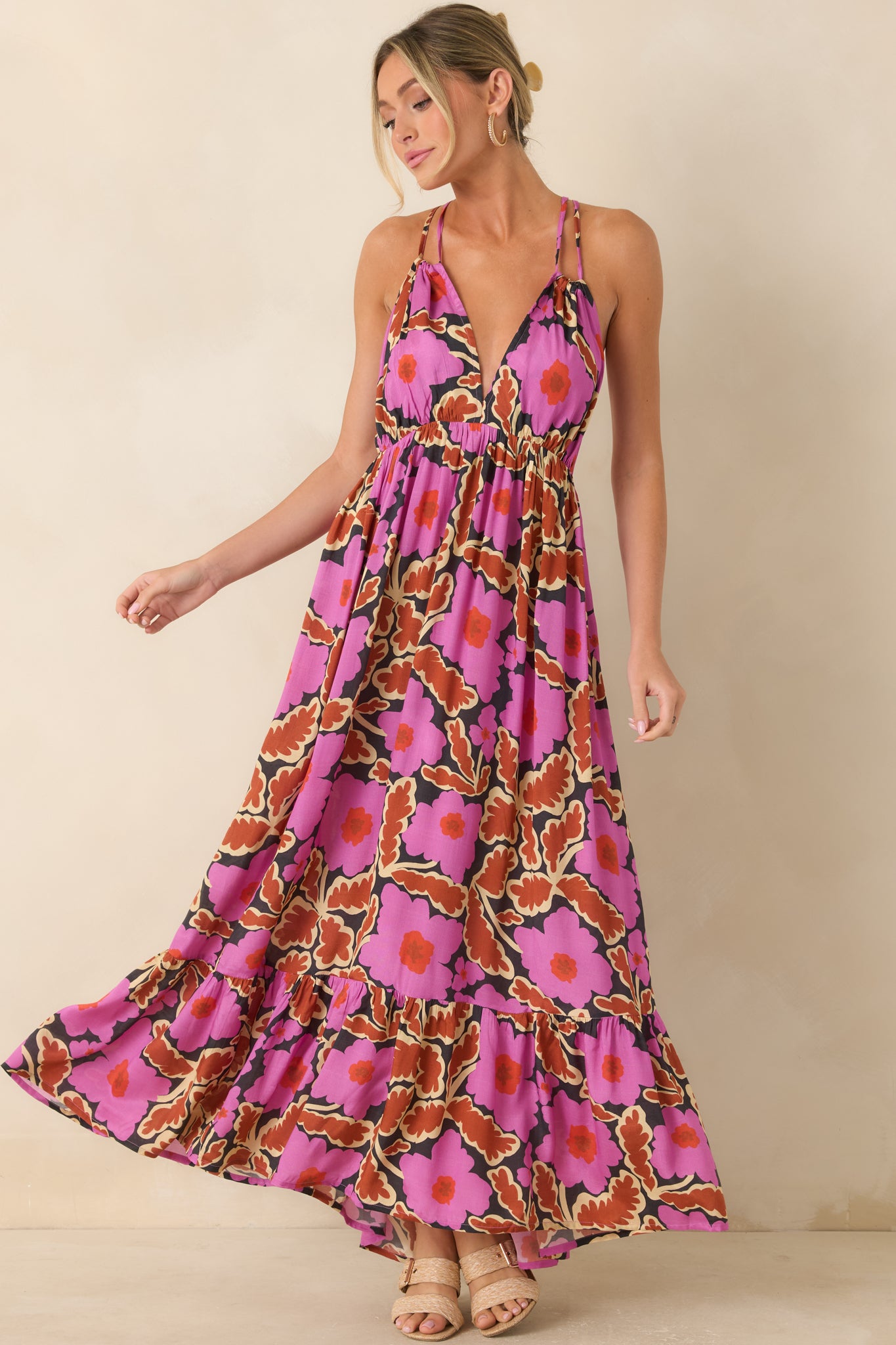 pink and brown maxi dress Daphne Brown & Pink Floral Ruffle Maxi Dress