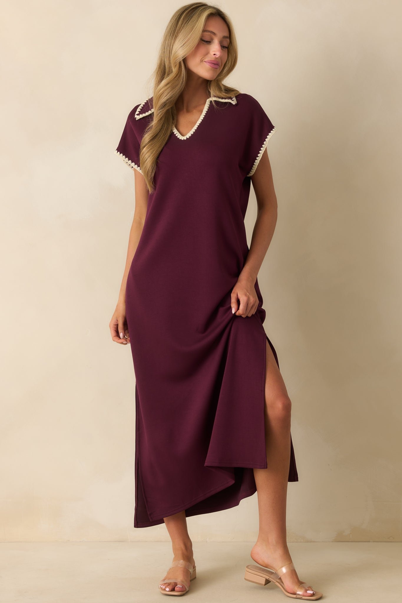 Plum purple maxi dress with a pointed polo collar and notch v-neckline.