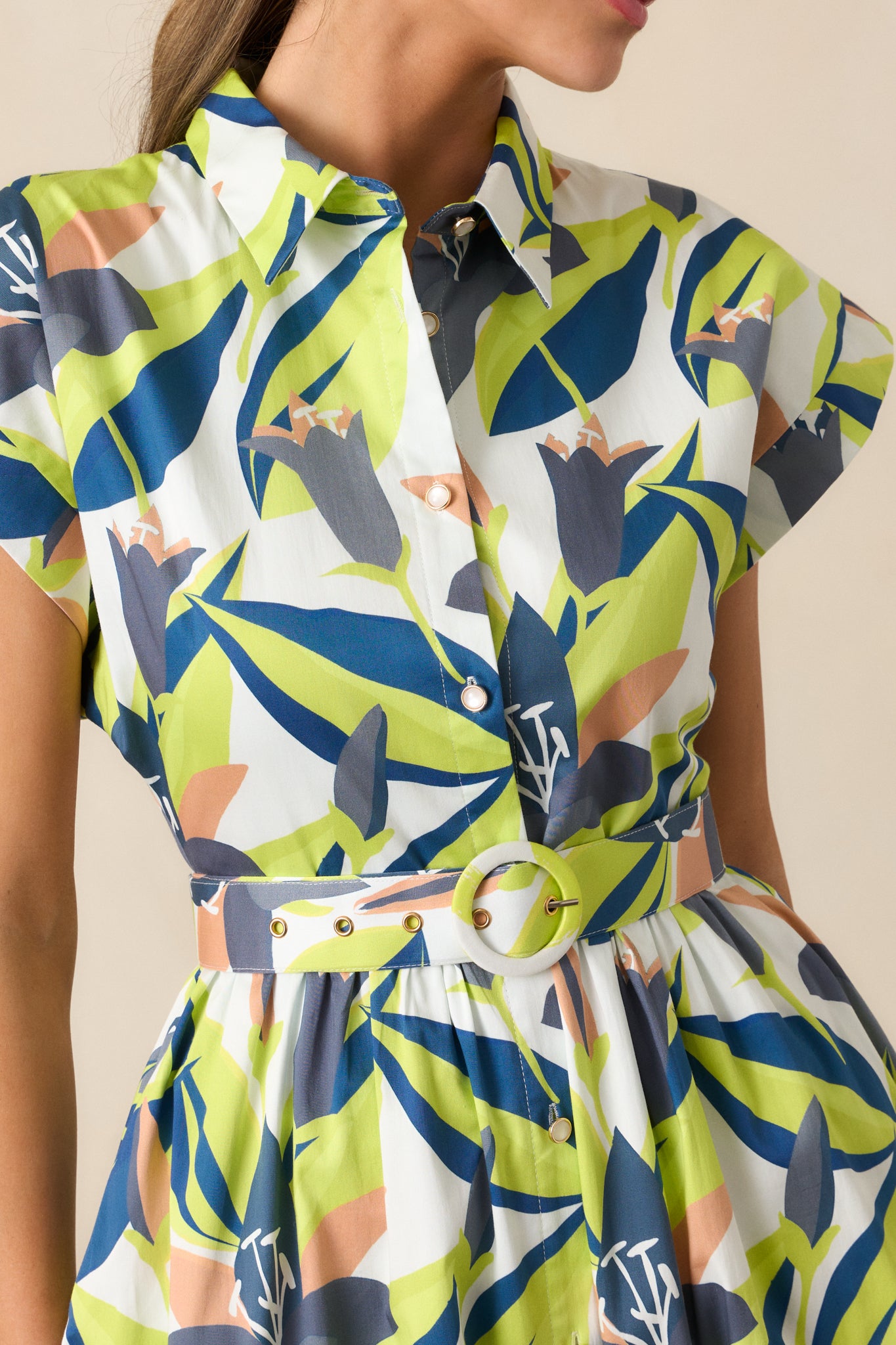 Close-up of maxi dress showing collared neckline, cuffed short sleeves, button front, and fabric print details.