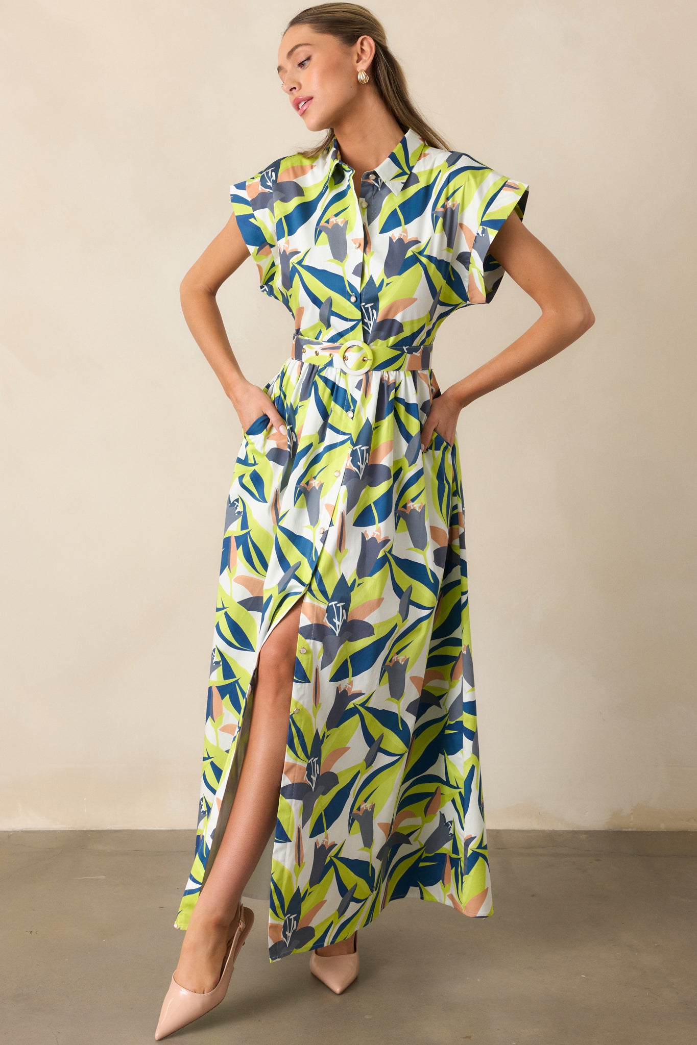 Maxi dress with Prosperina Graphic Garden multicolor floral print, collared neckline, cuffed short sleeves, and functional button front, front facing.