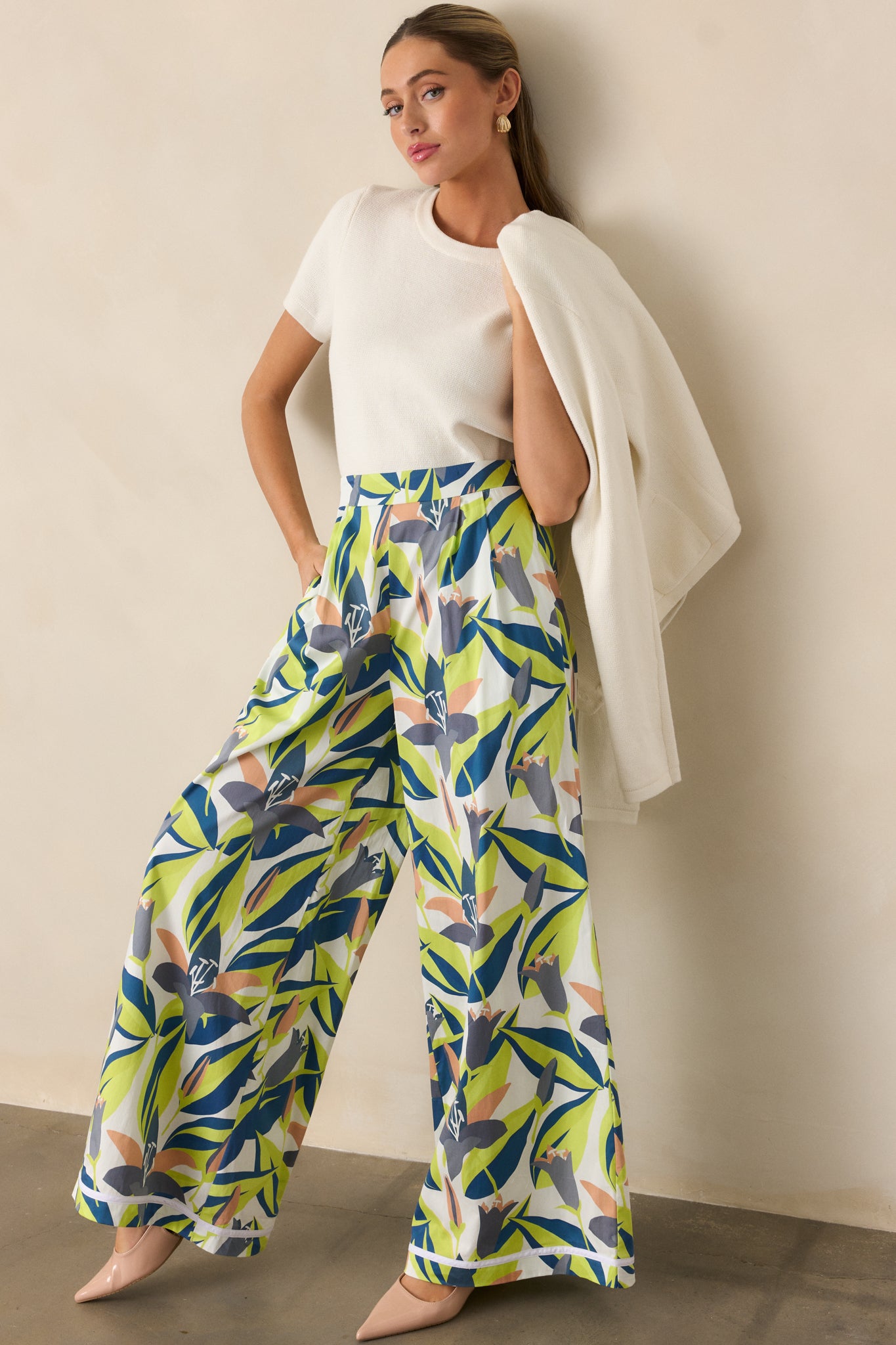 High-rise wide-leg pants with Prosperina Graphic Garden multicolor floral print, elastic back waist insert, and front functional hip pockets, front facing.