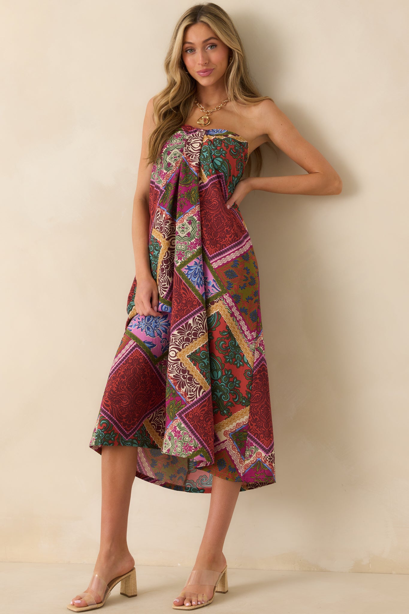 Strapless red patchwork midi dress with a flattering fit and silicone non-slip strip at the neckline.