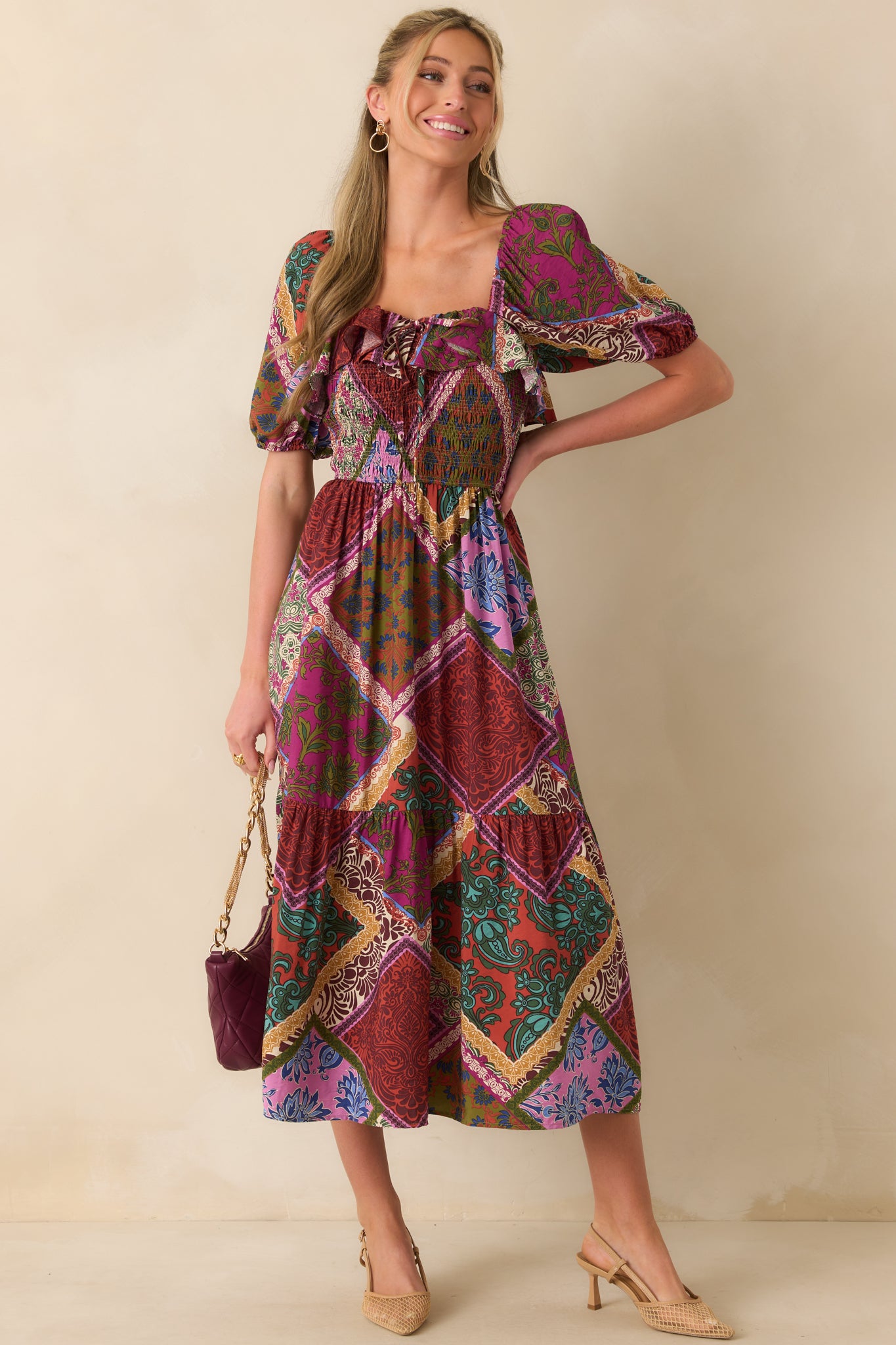 Red Multi Patchwork Print Puff Sleeve Dress - Midi Dress | Red Dress