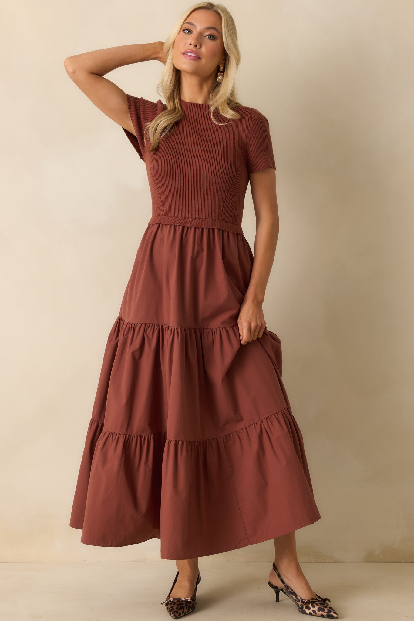 No Other Way Rust Ribbed Knit Bodice Short Sleeve Maxi Dress No Other Way Rust Ribbed Knit Bodice Short Sleeve Maxi Dress