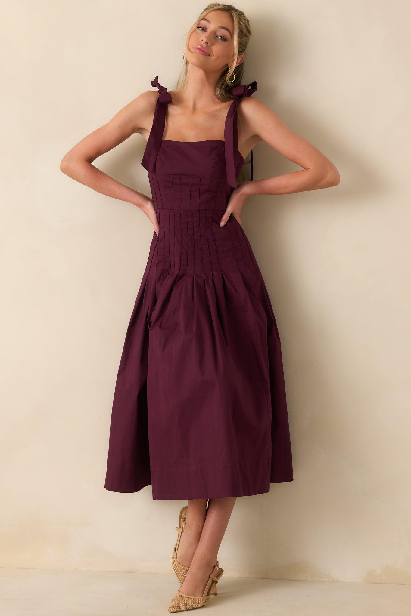 Sangria Purple Cotton Pleated Drop Waist Dress Midi Dresses