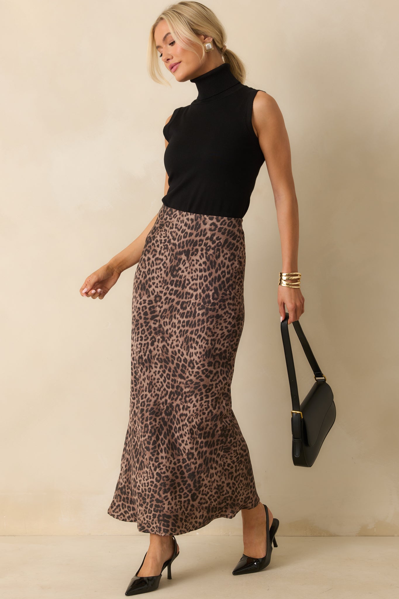 An angled side view displaying the comfortable fit and sleek cut of the skirt.