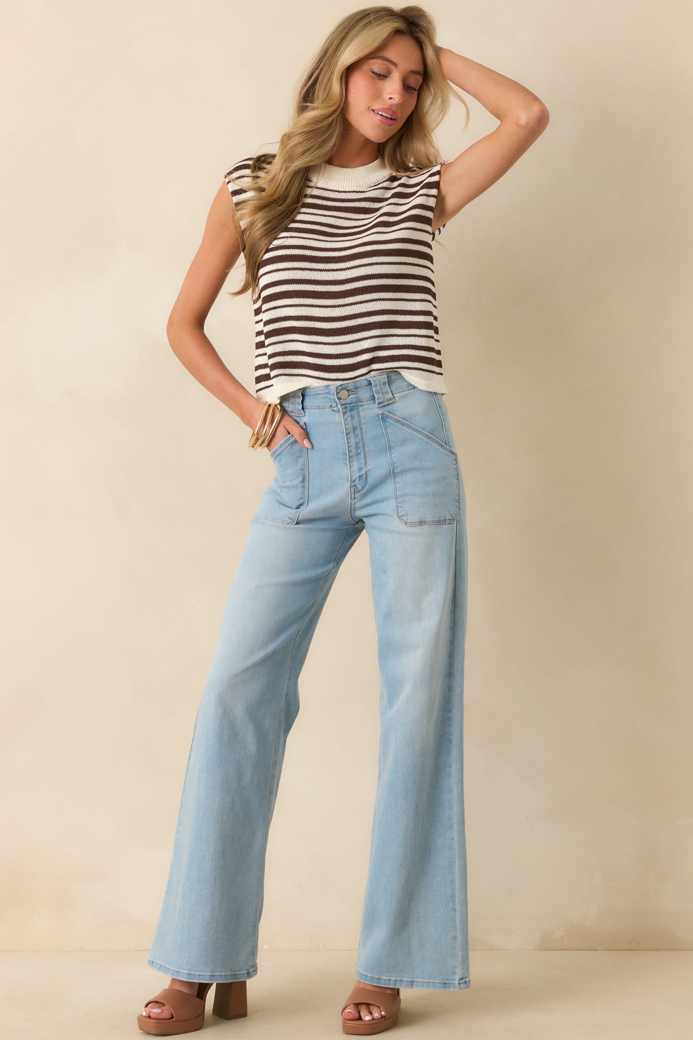 Front angle showing the overall silhouette and stripe alignment of the top.