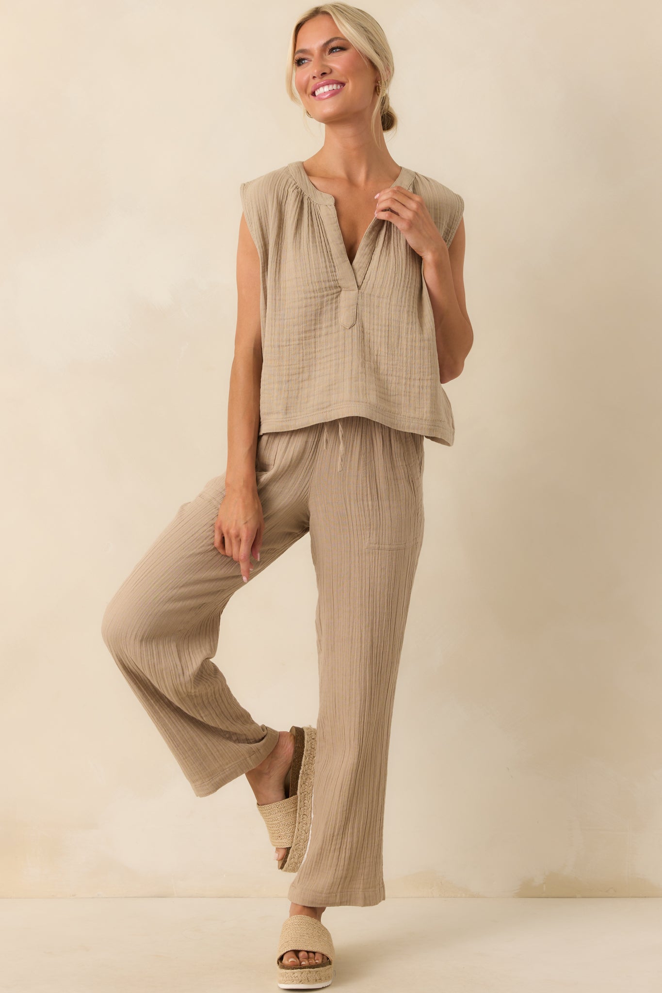A full-length image highlighting the lightweight cotton gauze fabric and relaxed drape of the pants.