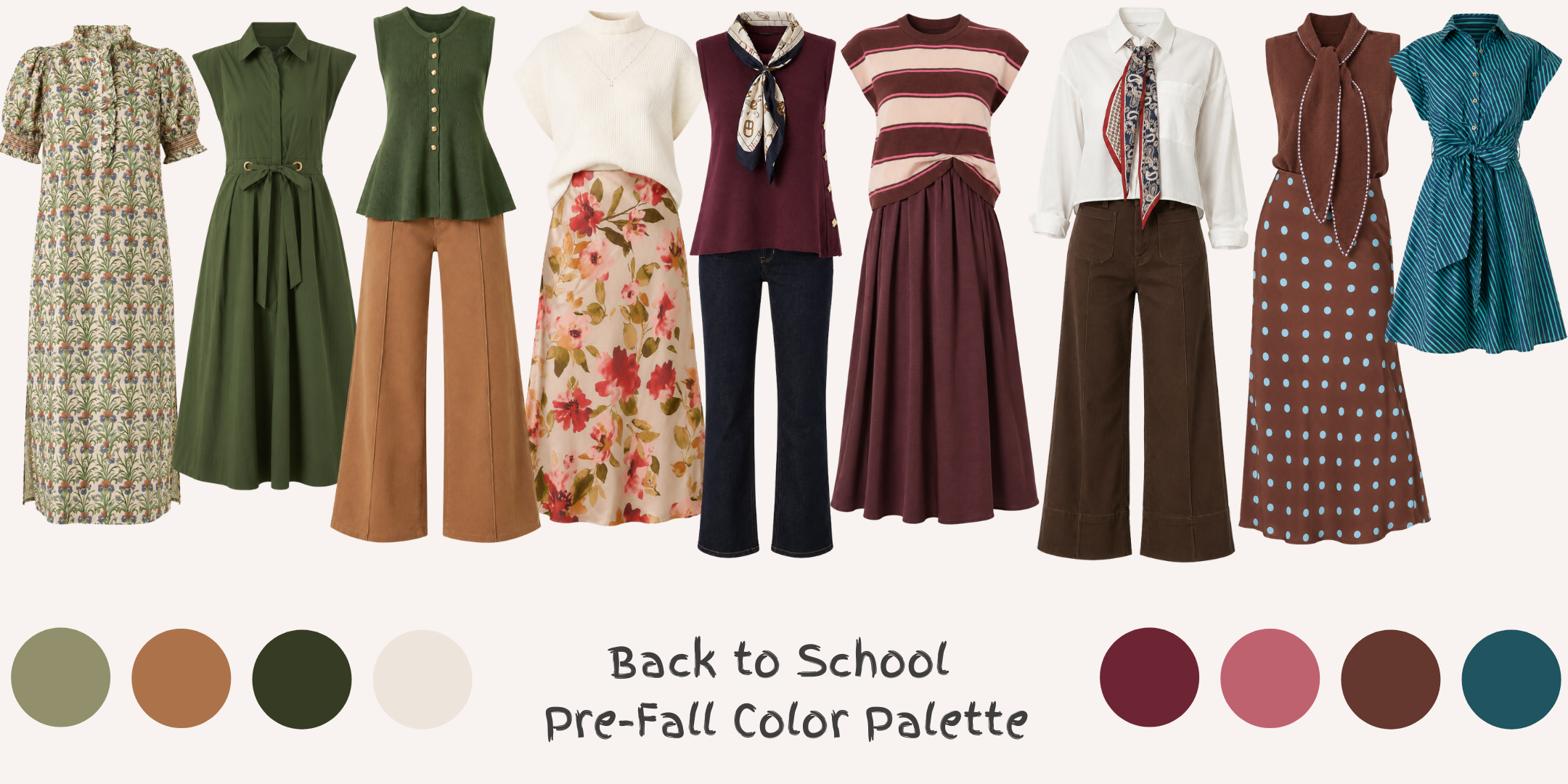A curated collection of eight earthy, muted colors, accompanied by a color palette swatch strip at the bottom labeled 'Back to School Pre-Fall Color Palette'. The outfits include various dresses, long pants, and tops in olive green, rust brown, cream, burgundy, and teal.