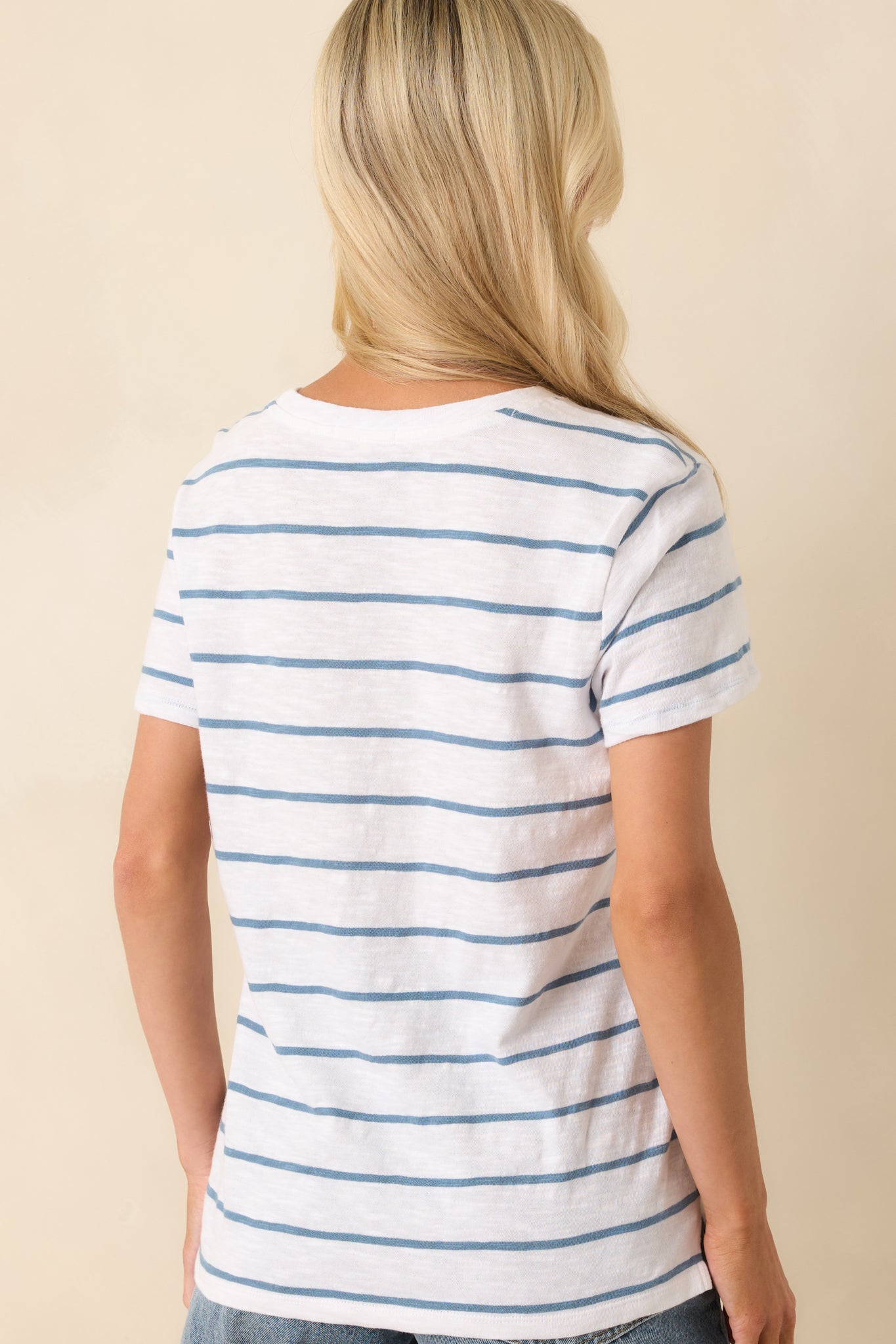 A view from behind of the tee showing the regular fit, short sleeves, and continuous blue stripe pattern.