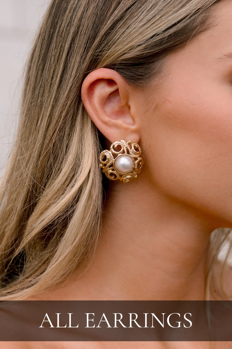 Gold pearl statement earrings, featured in the All Earrings shop.