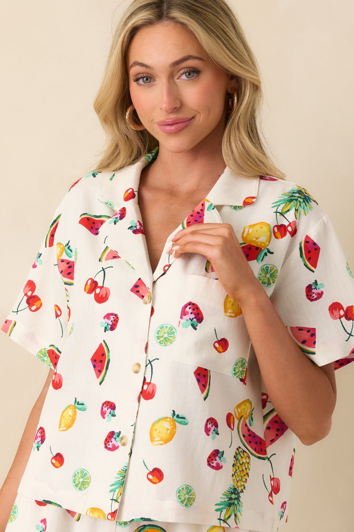 Women's Just Like Before Ivory Multi Fruit Print Button Front Top Shirt | Size: S Women's Just Like Before Ivory Multi Fruit Print Button Front Top Shirt | Size: S