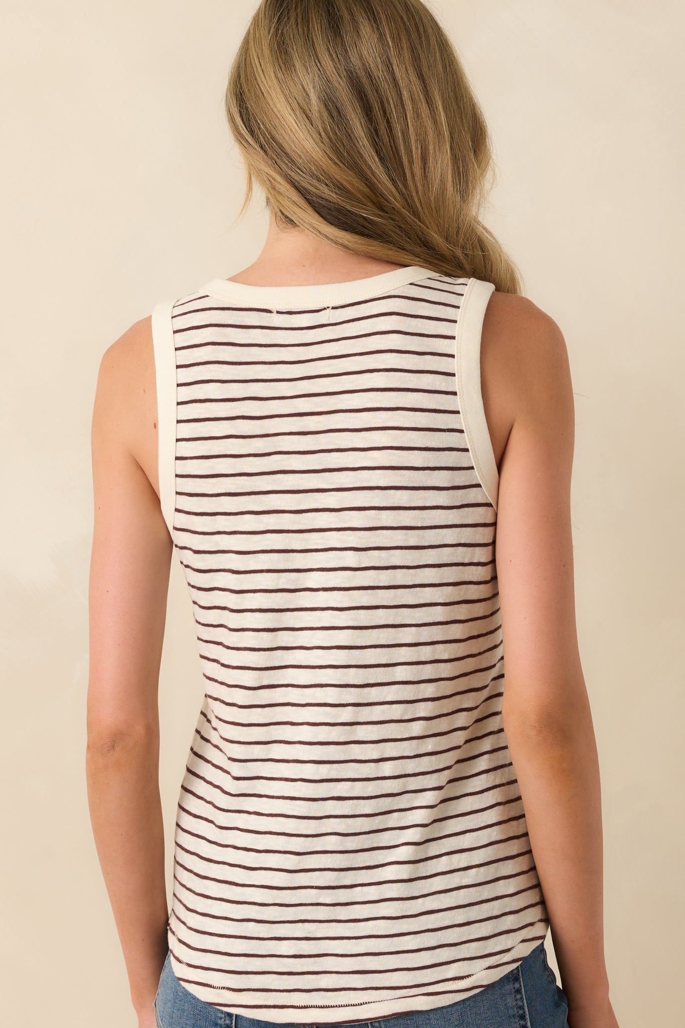 Back view of the striped tank top with scoop neckline and clean stripe continuation.