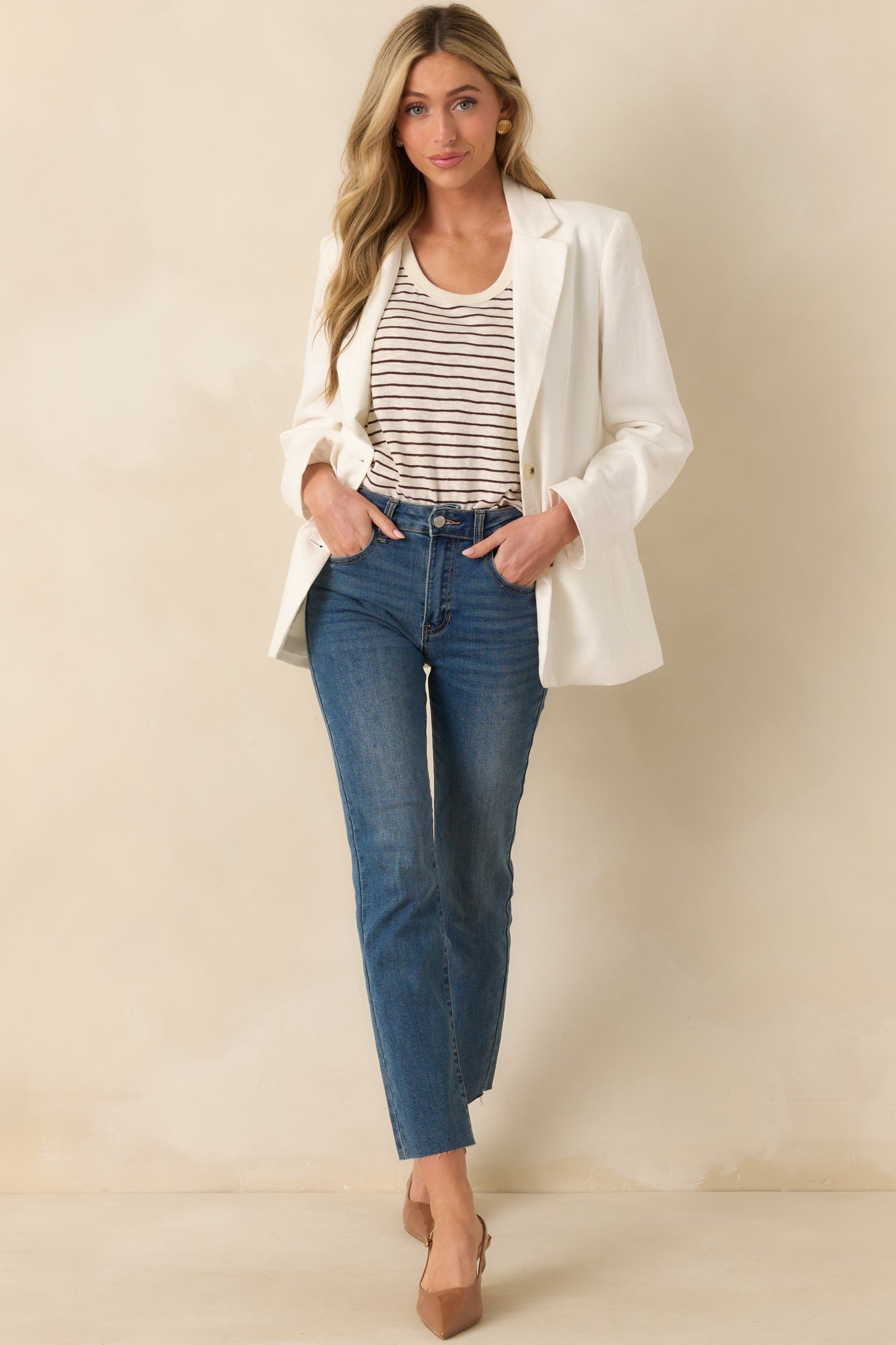 Full view of the brown and ivory striped tank top with scoop neckline and relaxed fit.