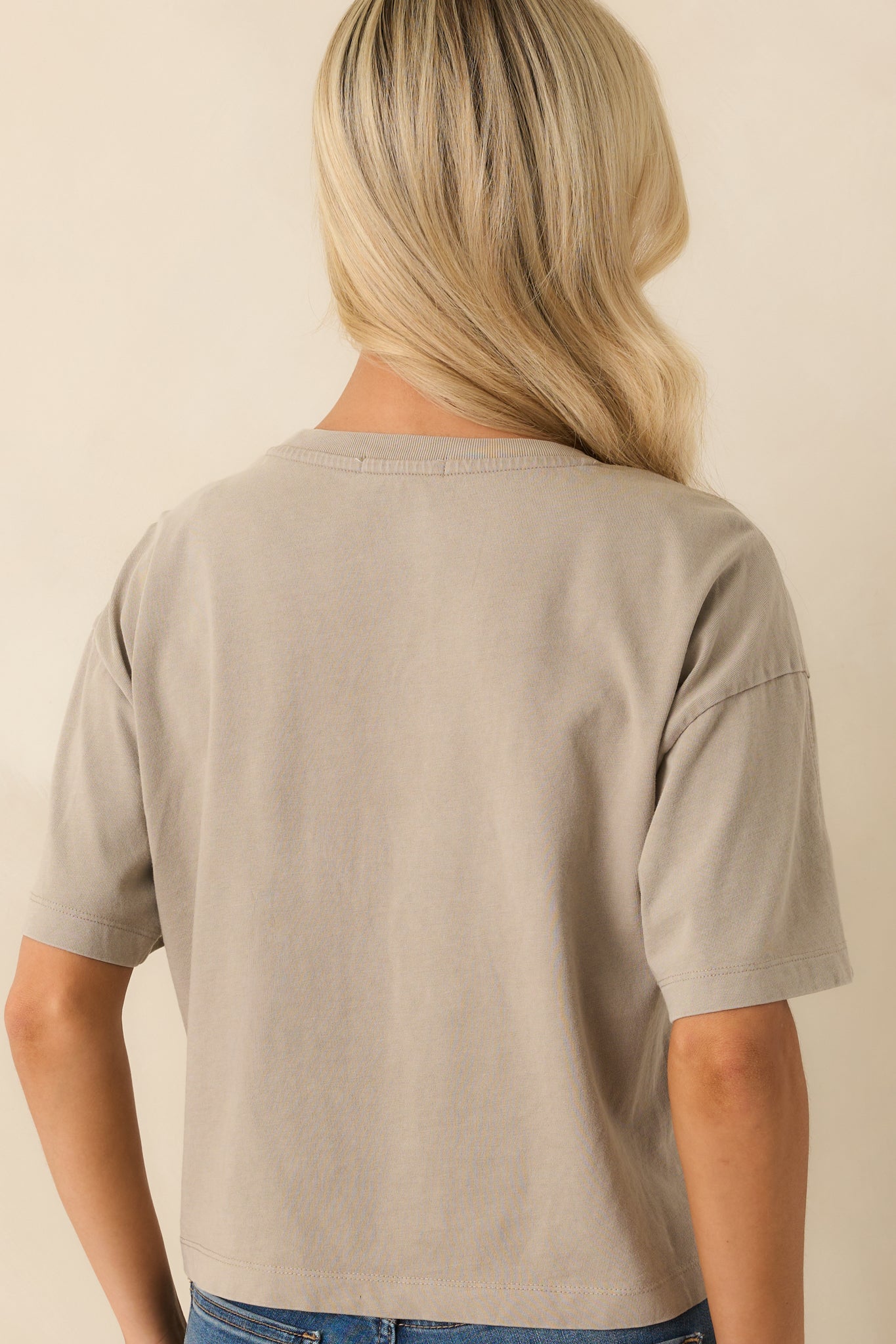 Rear view of the taupe tee highlighting the short sleeves, straight hem, and relaxed fit from the back.