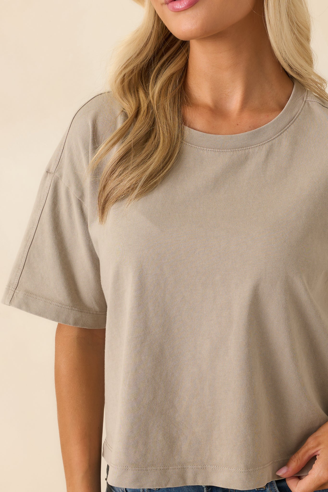 Close-up of the taupe tee’s cotton fabric texture and ribbed crew neckline.