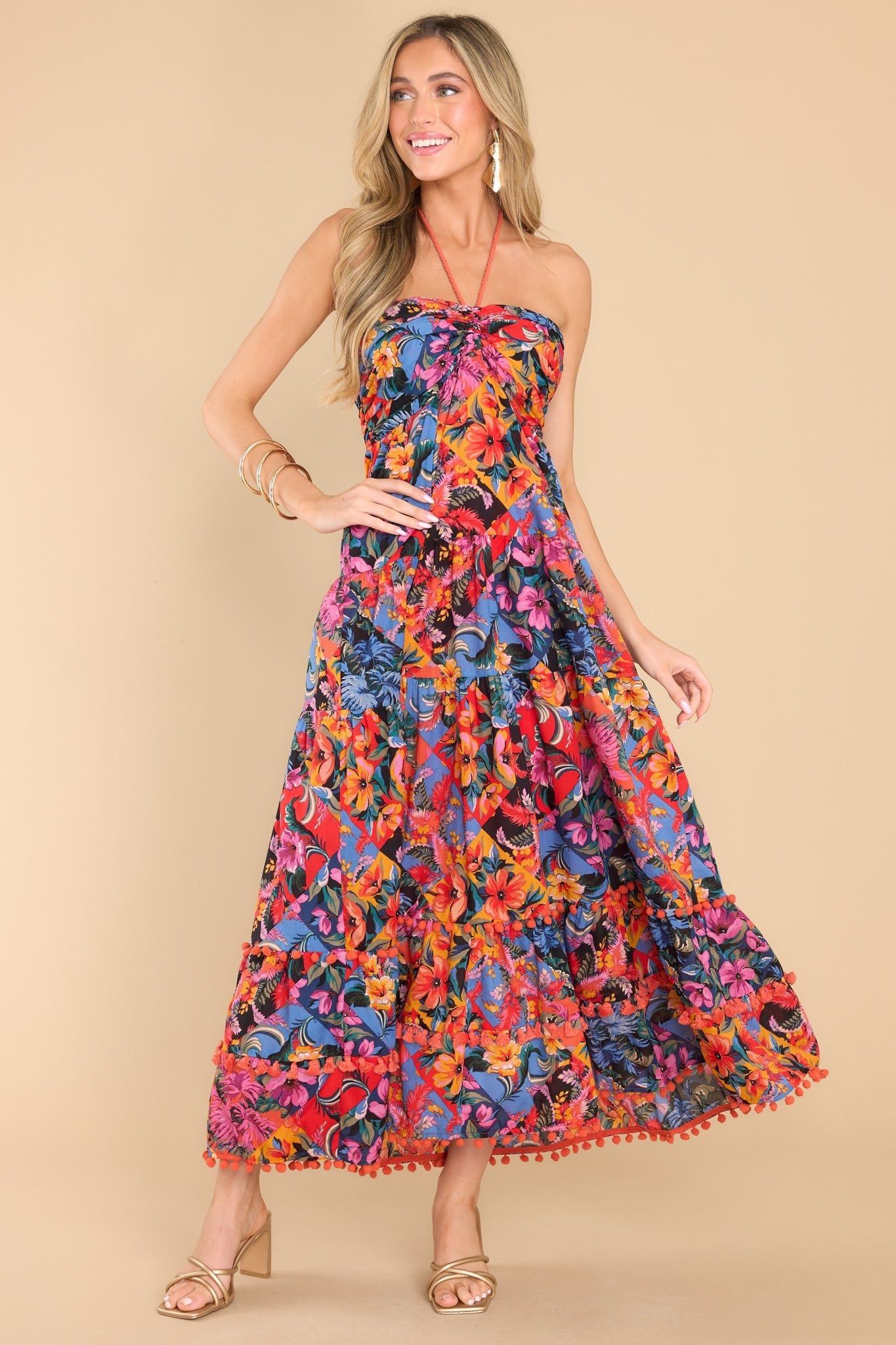 Alluring Dream Multi Floral Print Maxi Dress - Red Dress