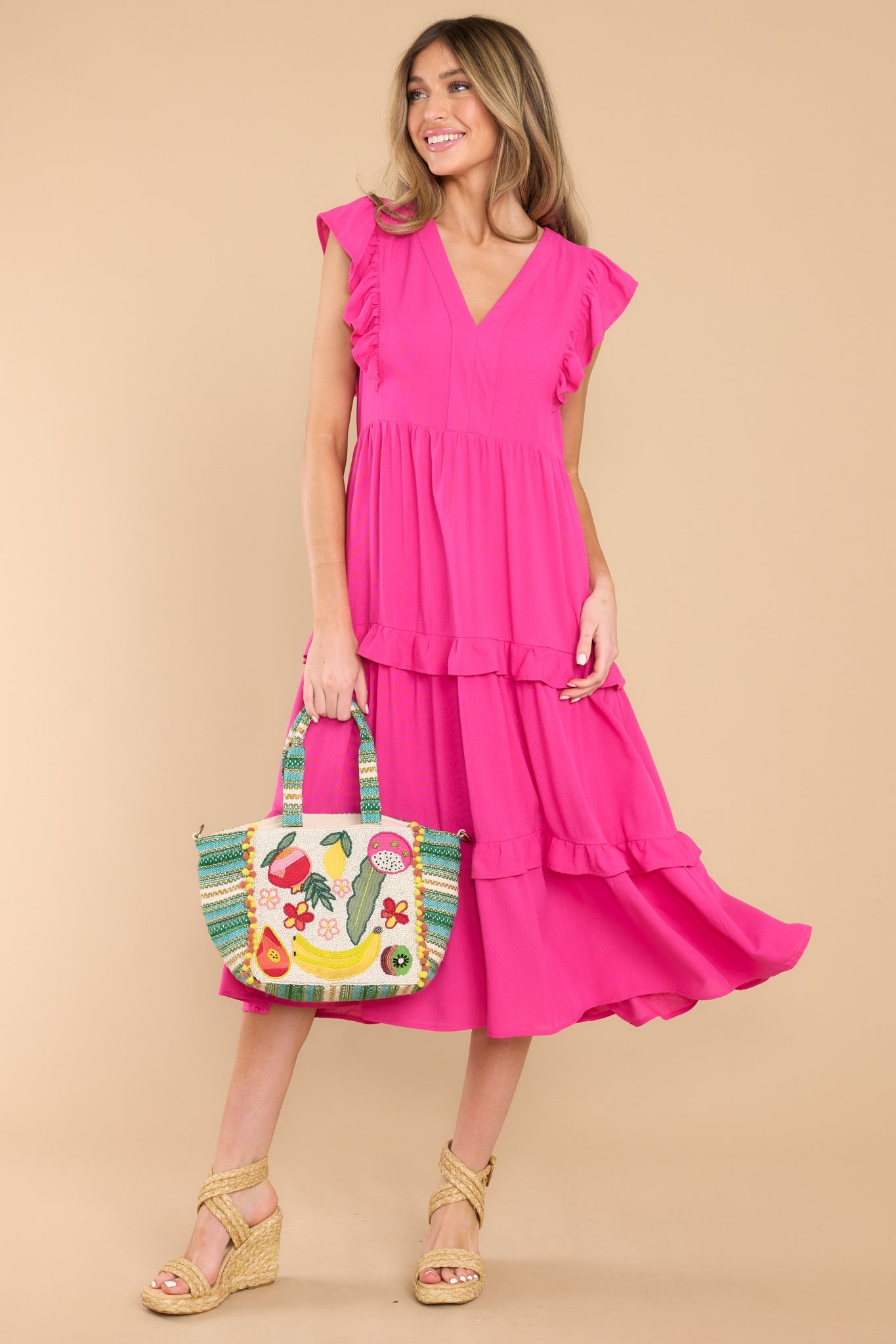 Adorable Hot Pink Ruffle Sleeve Midi - Dresses | Red Dress Adorable Hot Pink Ruffle Sleeve Midi - Dresses | Red Dress