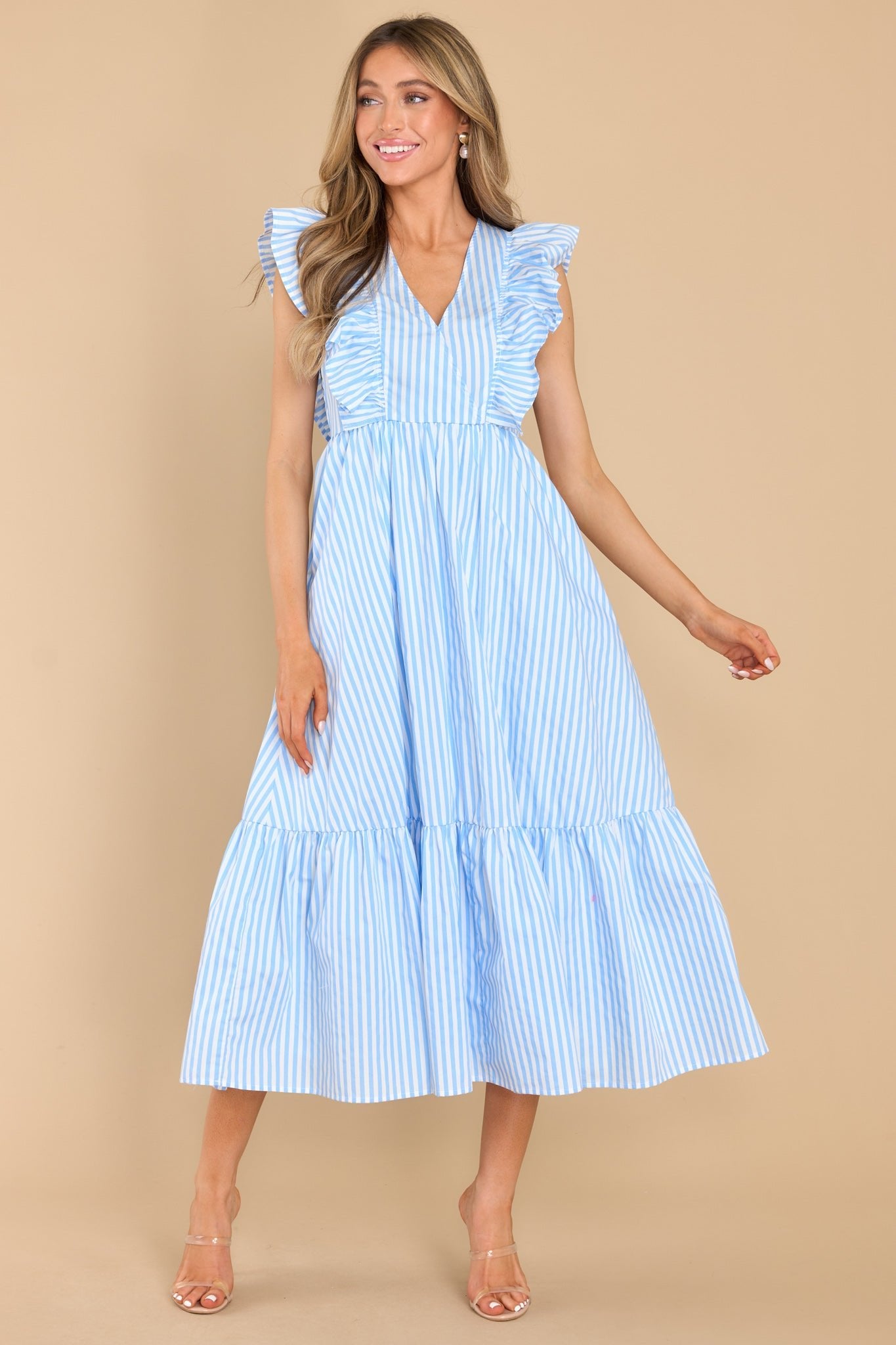 Let Love In Blue Stripe Midi Dress - Red Dress