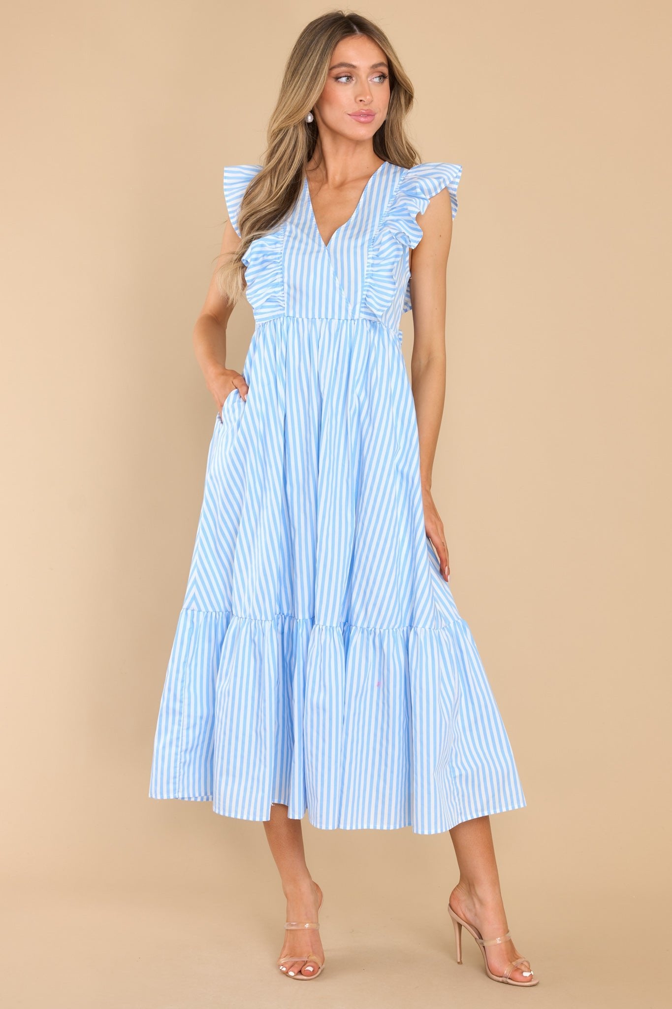 Let Love In Blue Stripe Midi Dress - Red Dress